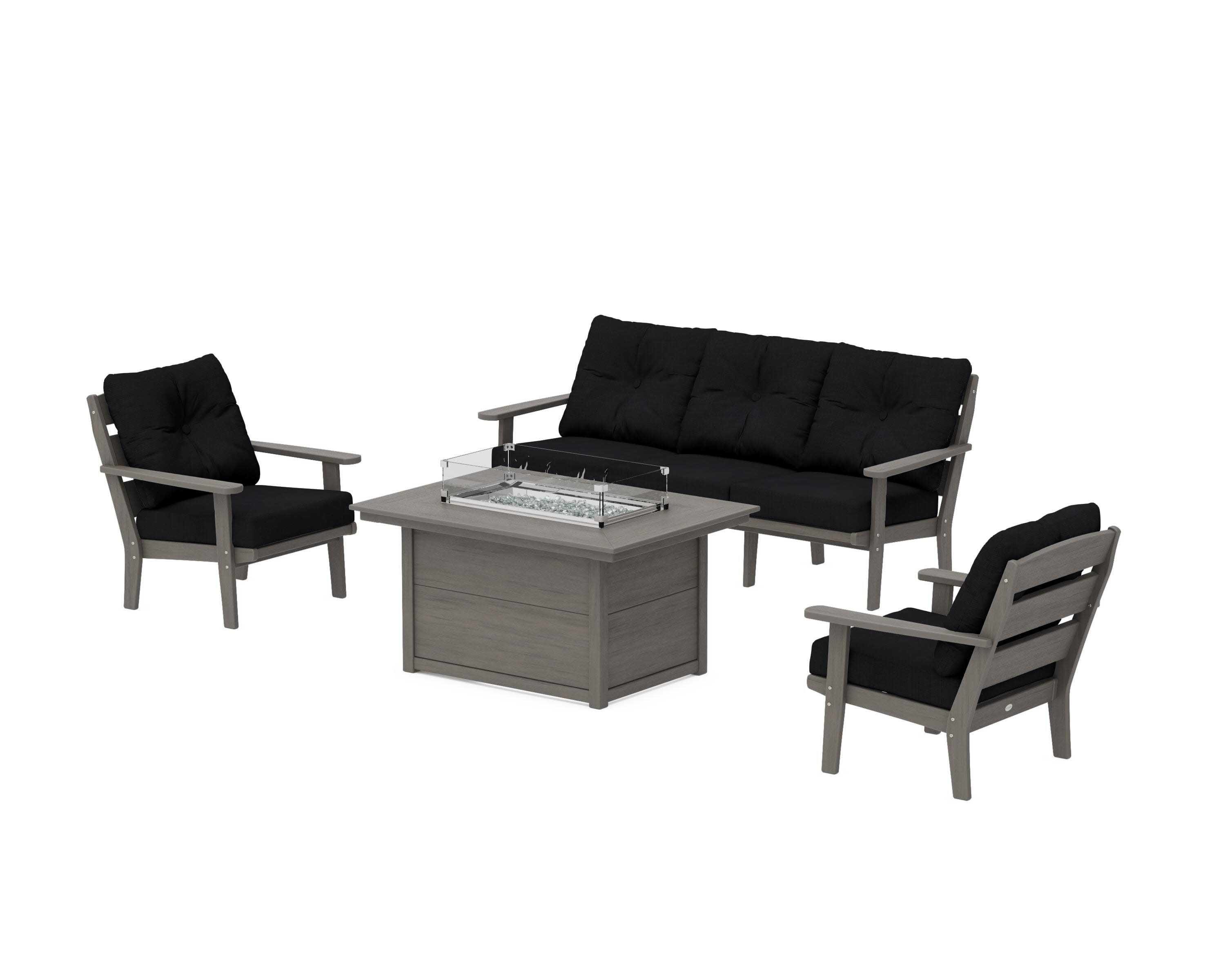 Lakeside Deep Seating Fire Pit Table Set in Driftwood / Midnight Linen