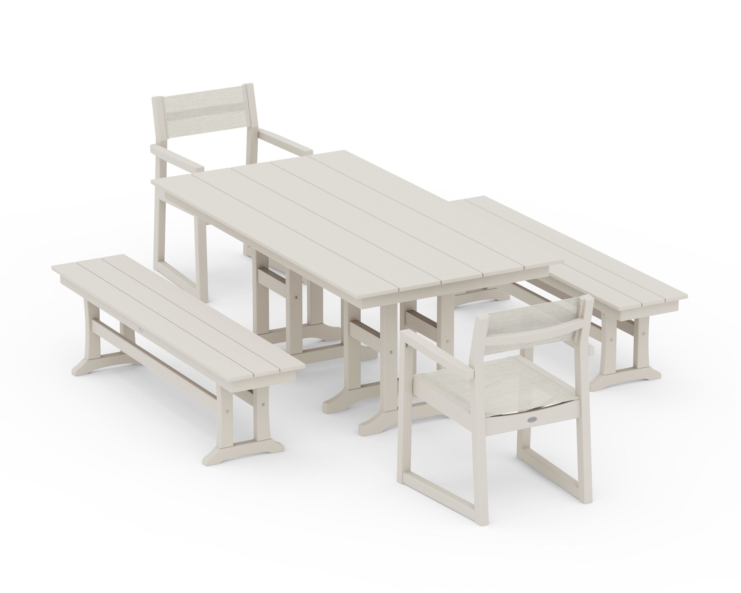 EDGE Sling Arm Chair 5-Piece Farmhouse Dining Set with Benches in Sand / Parchment Sling
