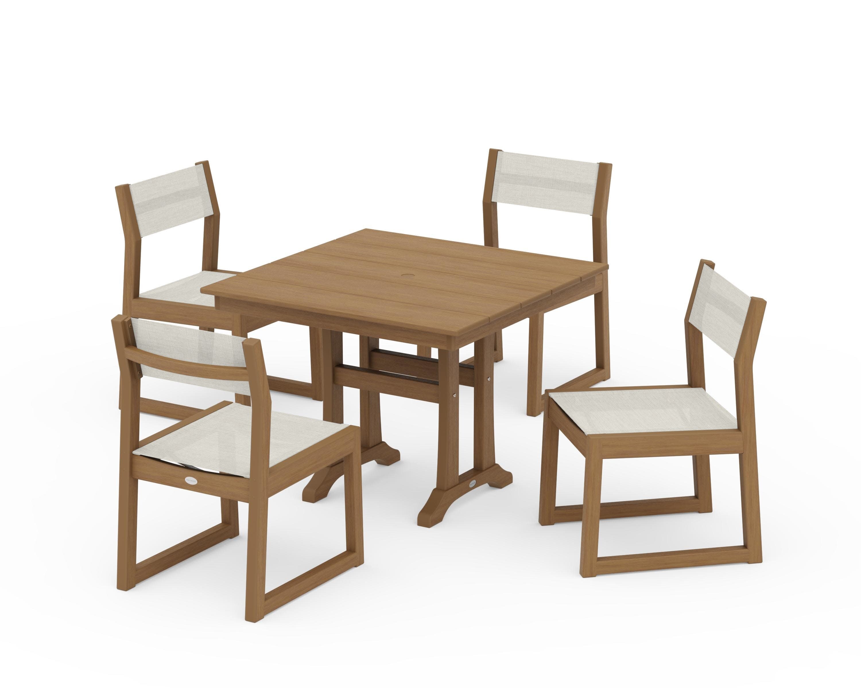 EDGE Sling 5-Piece Farmhouse Trestle Side Chair Dining Set in Natural / Parchment Sling