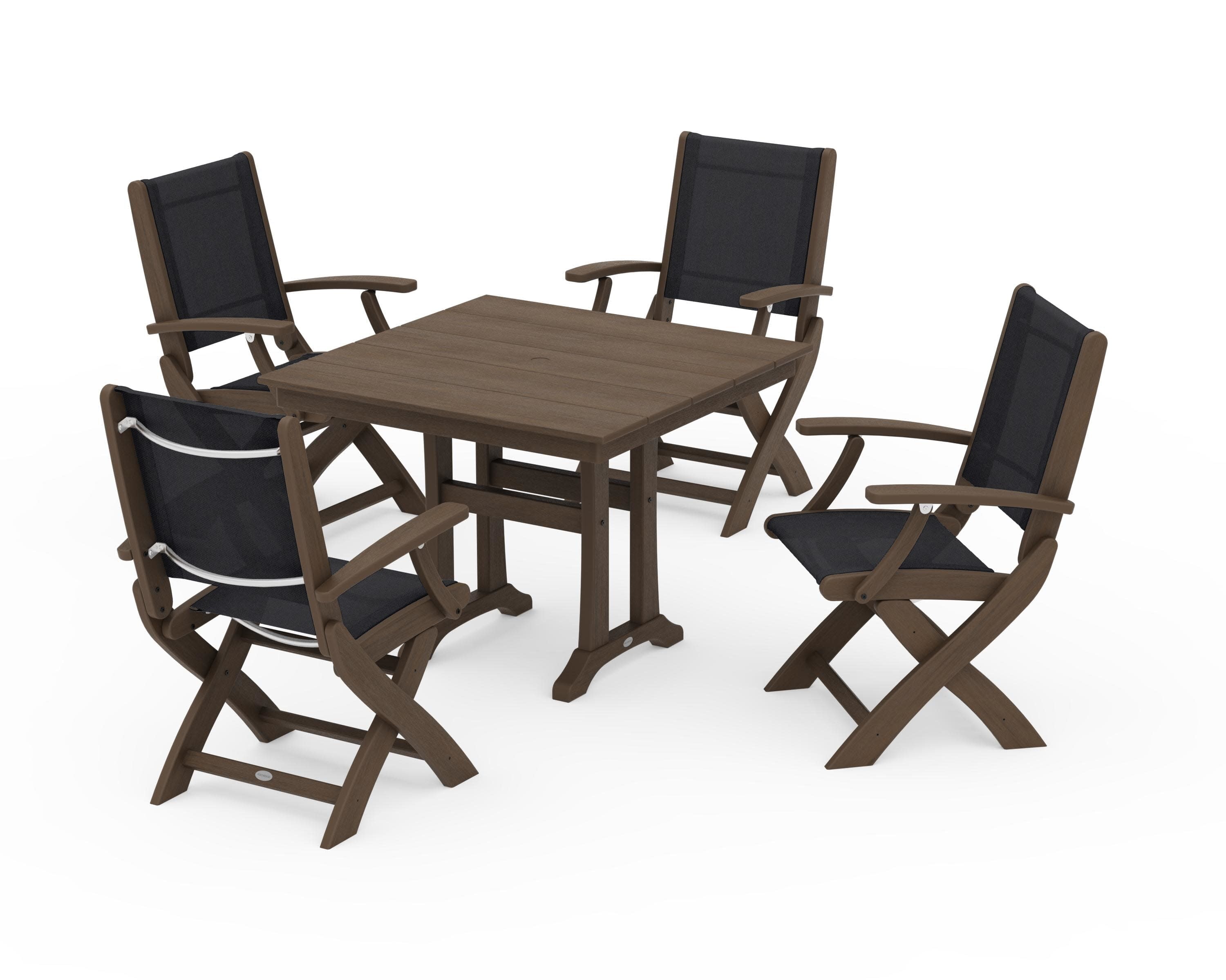 Coastal Folding Chair 5-Piece Farmhouse Dining Set With Trestle Legs in Kona / Black Sling