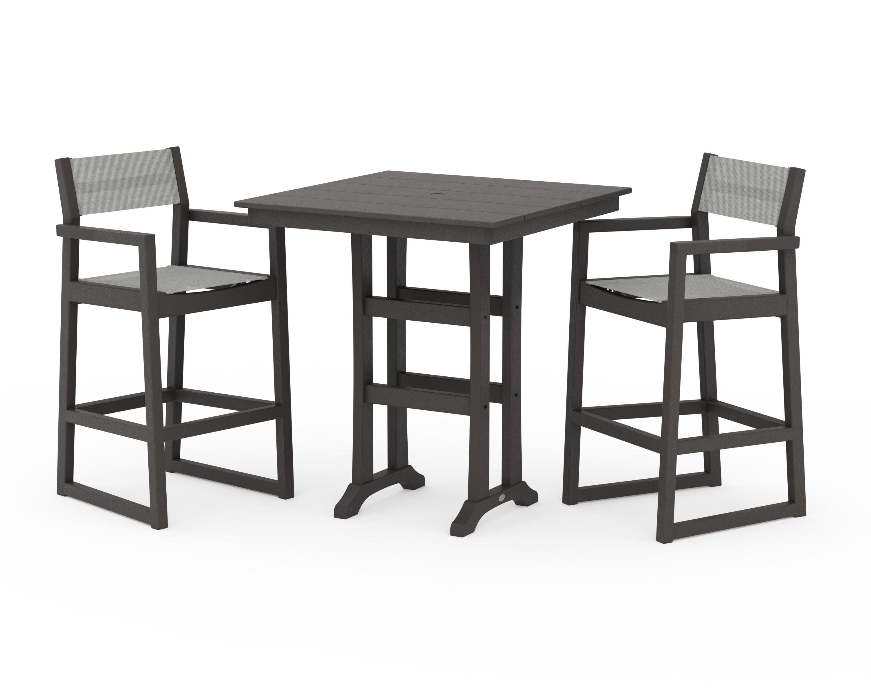 EDGE Sling Arm Chair 3-Piece Farmhouse Bar Set with Trestle Legs in Vintage Coffee / Metallic Sling