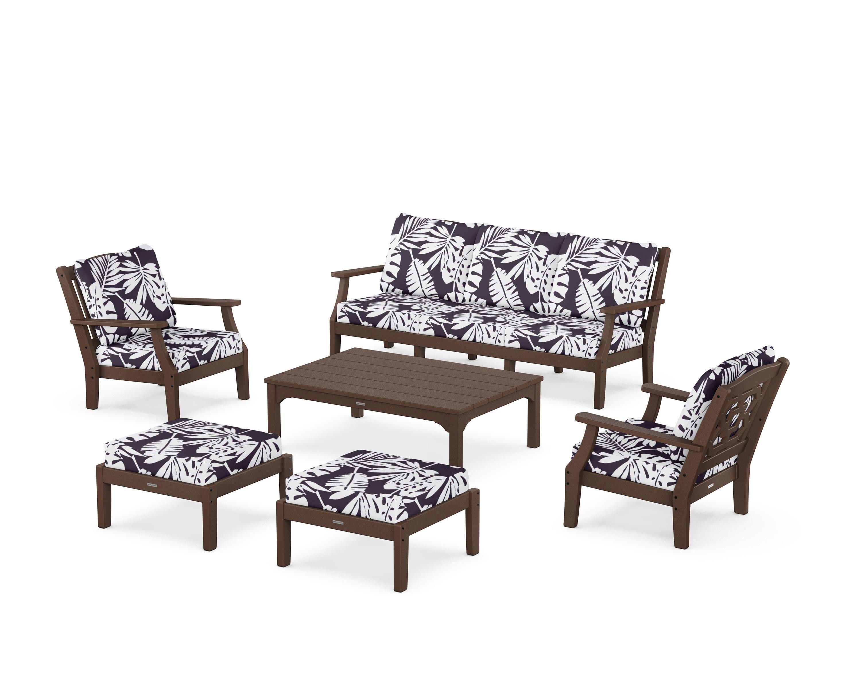 Chinoiserie 6-Piece Lounge Sofa Set in Mahogany / Leaf Navy
