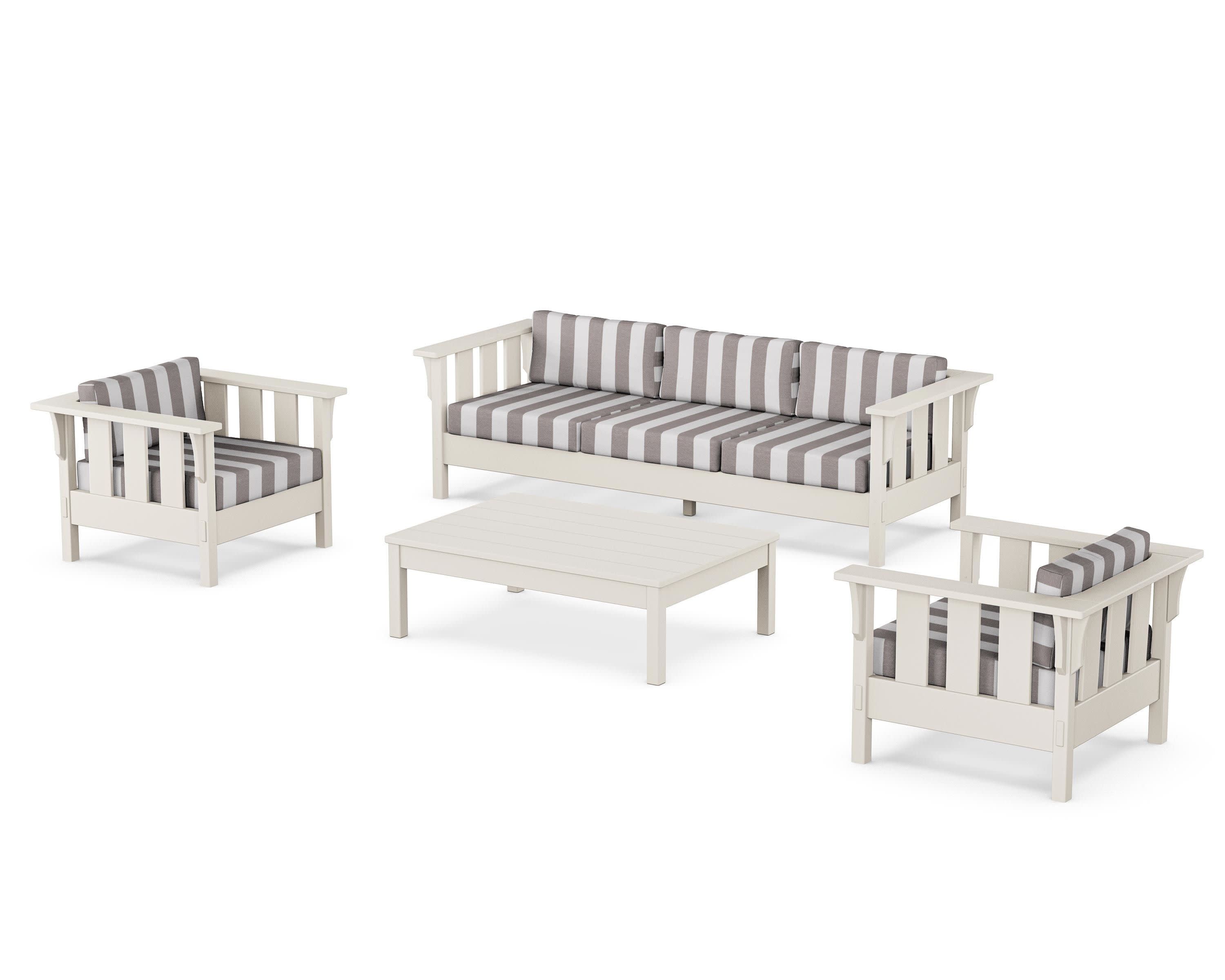 Acadia 4-Piece Deep Seating Set with Sofa in Sand / Cabana Stripe Grey Mist
