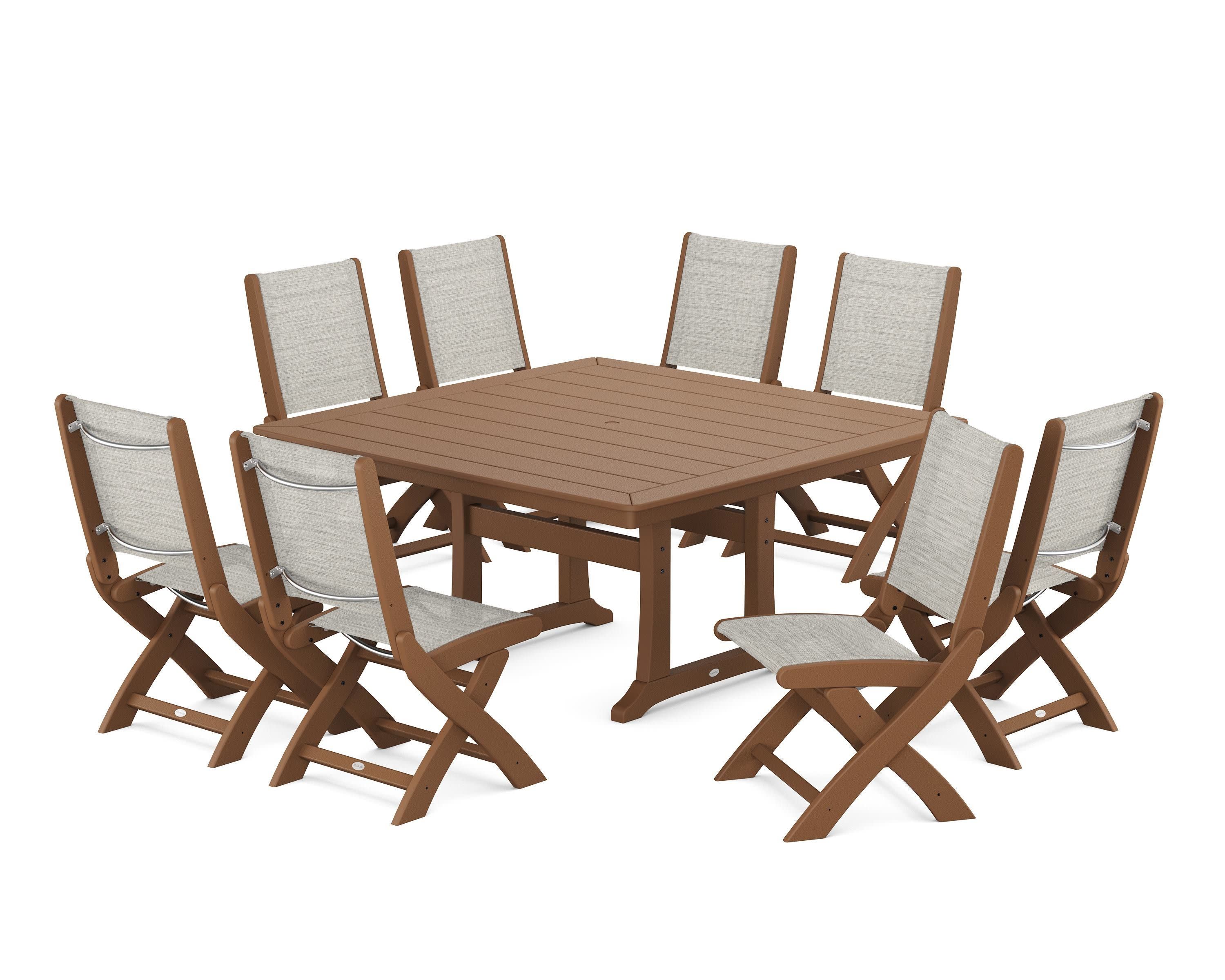 Coastal Folding Side Chair 9-Piece Dining Set with Trestle Legs in Teak / Birch Sling