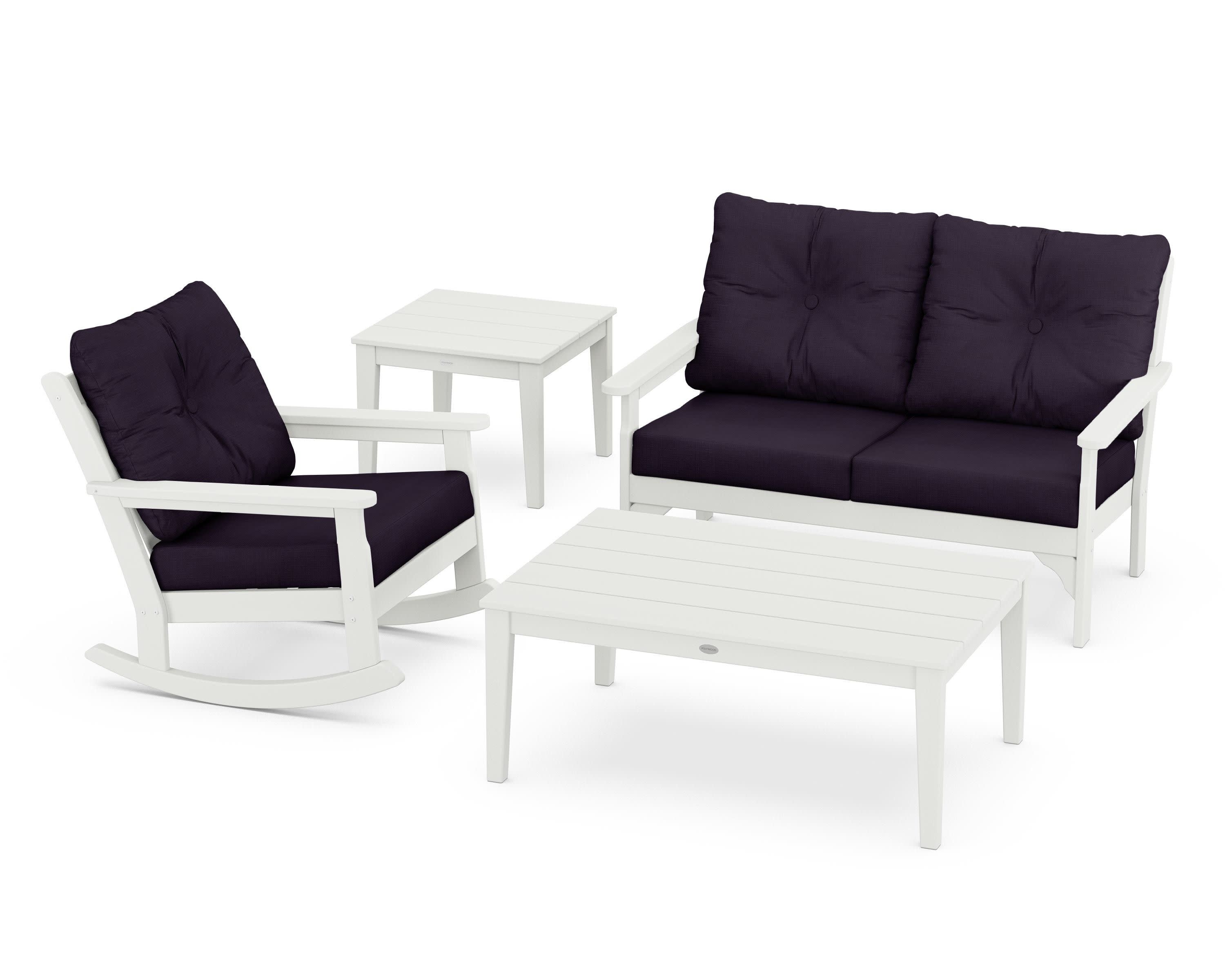 Vineyard 4-Piece Deep Seating Rocker Set in Vintage White / Navy Linen