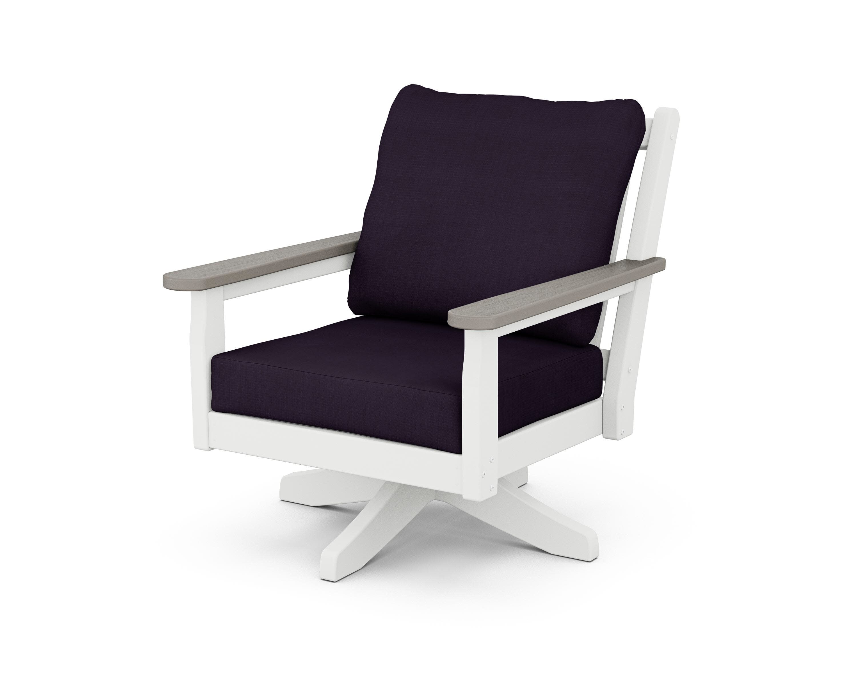 Chippendale Deep Seating Swivel Chair in White / Driftwood / Navy Linen