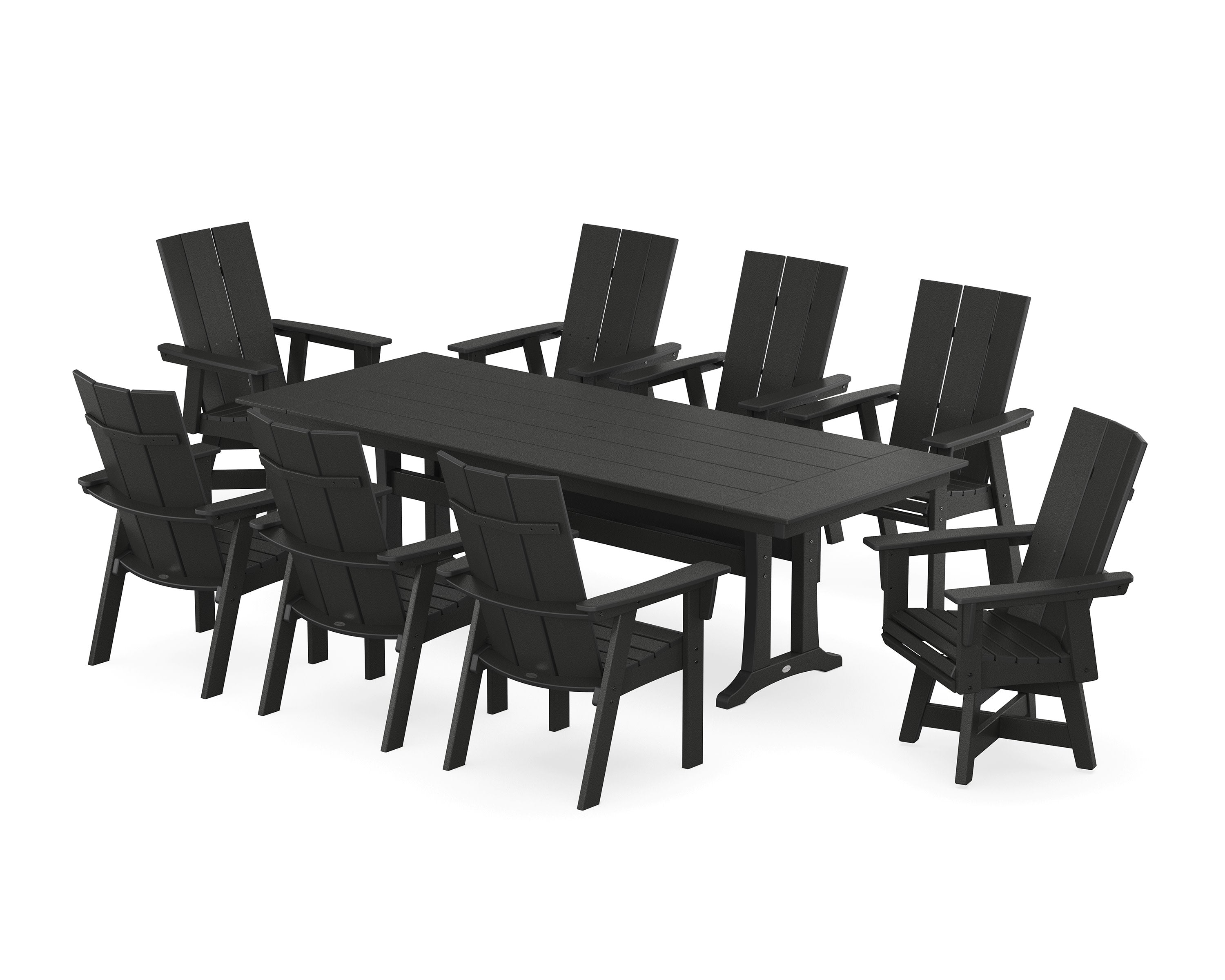 Modern Curveback Adirondack Swivel 9-Piece Farmhouse Dining Set with Trestle Legs in Black