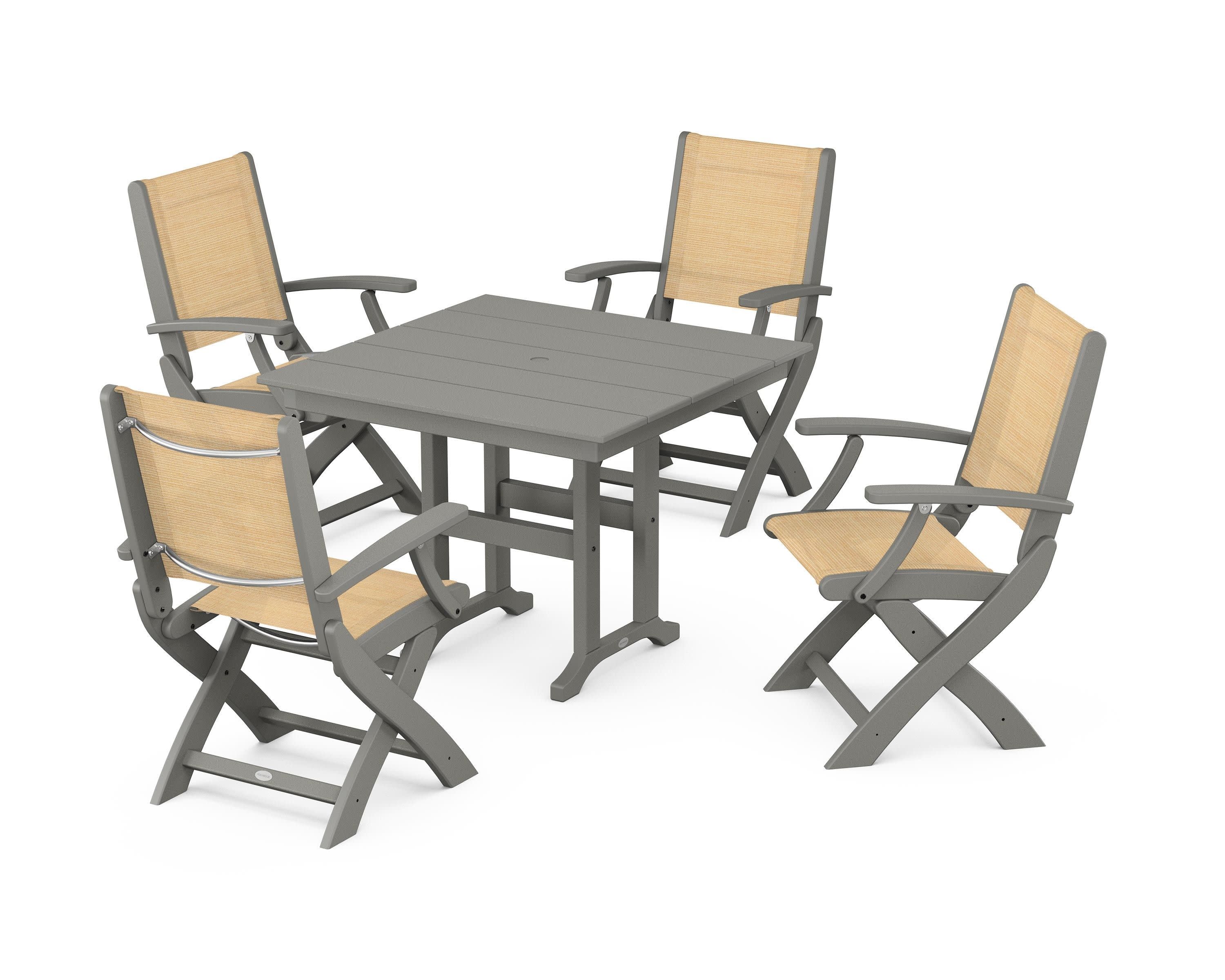 Coastal Folding Chair 5-Piece Farmhouse Dining Set in Slate Grey / Dupioni Apricot Sling