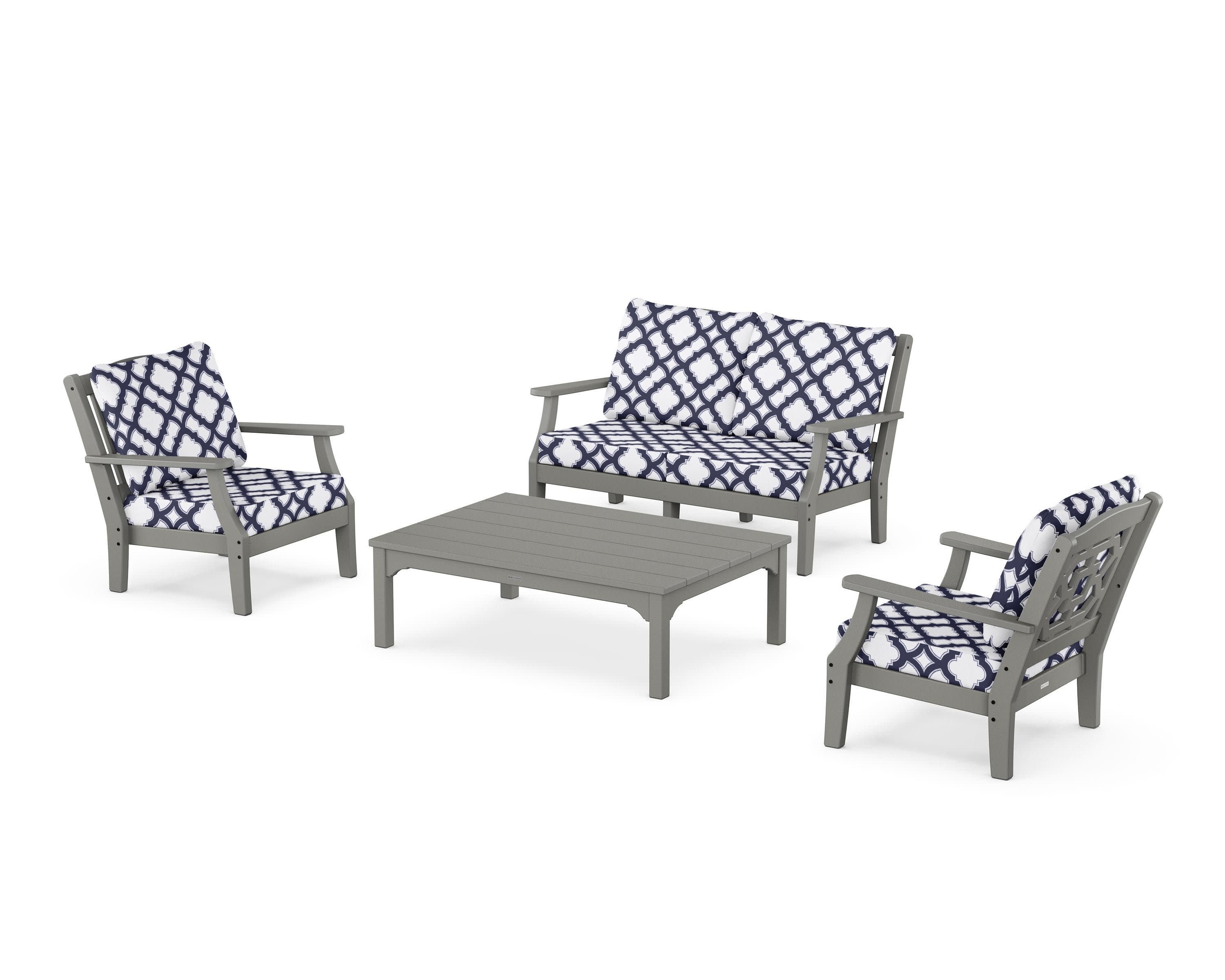 Chinoiserie 4-Piece Deep Seating Set with Loveseat in Slate Grey / Trellis Navy