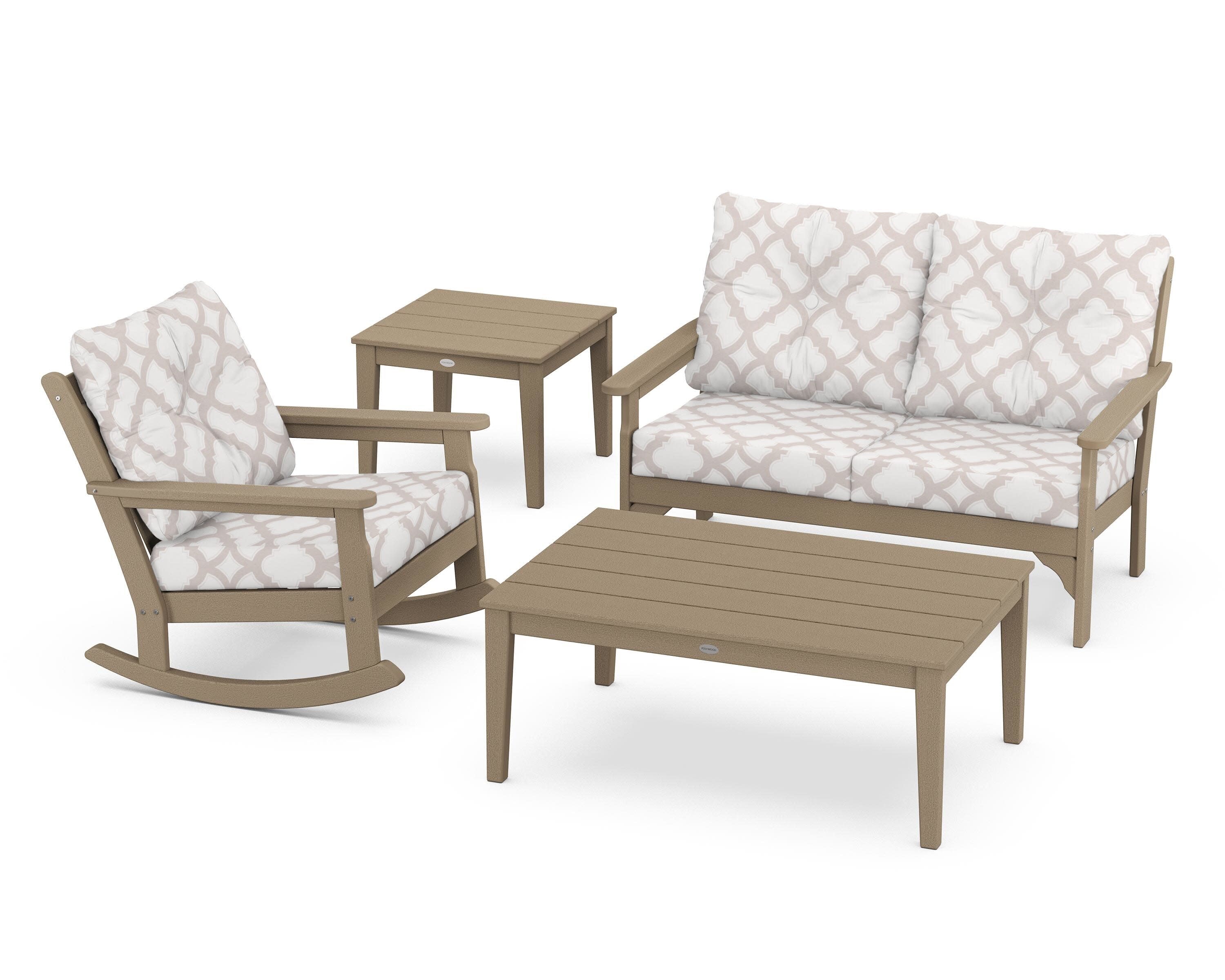 Vineyard 4-Piece Deep Seating Rocker Set in Vintage Sahara / Trellis Dune Burlap