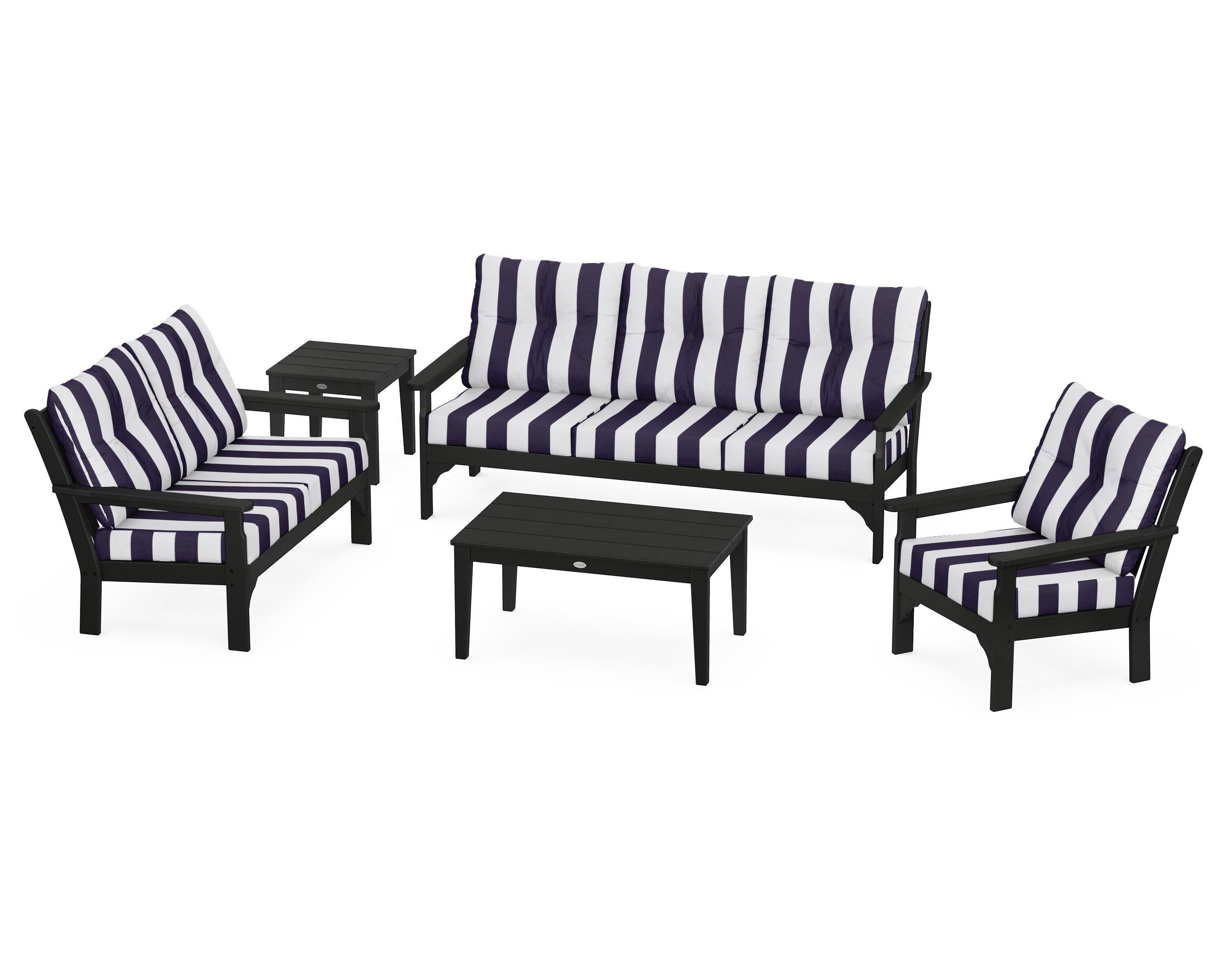 Vineyard 5 Piece Deep Seating Set in Black / Cabana Stripe Navy