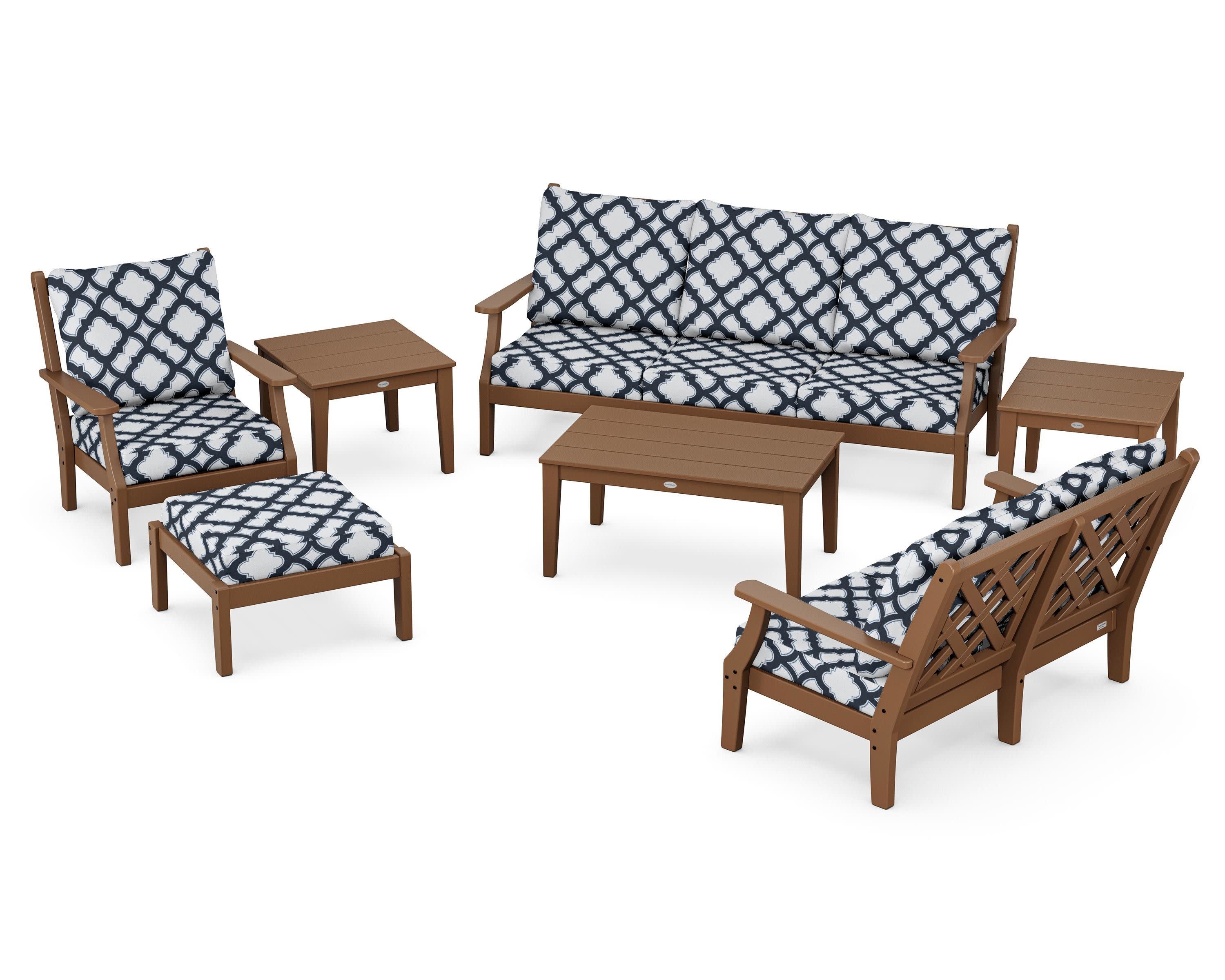 Wovendale 7-Piece Deep Seating Set in Teak / Trellis Marine Indigo