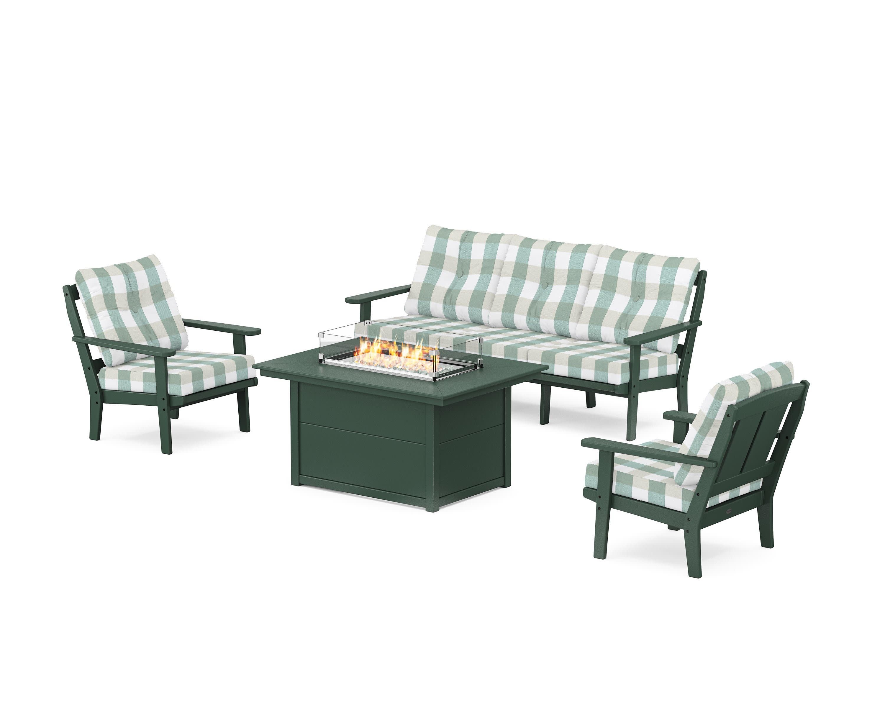 Mission Deep Seating Fire Pit Table Set in Green / Buffalo Plaid Glacier Spa