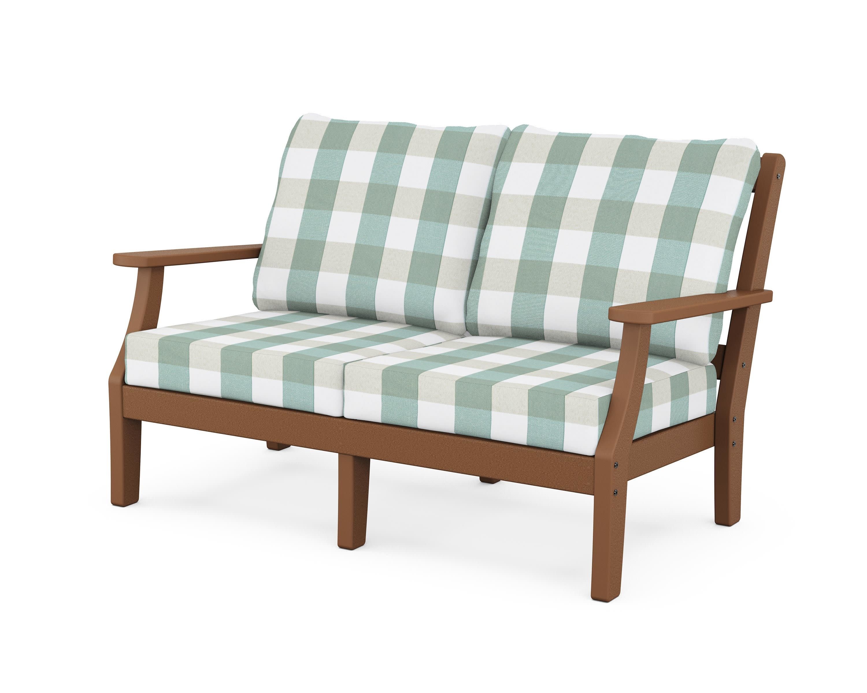 Chinoiserie Deep Seating Loveseat in Teak / Buffalo Plaid Glacier Spa