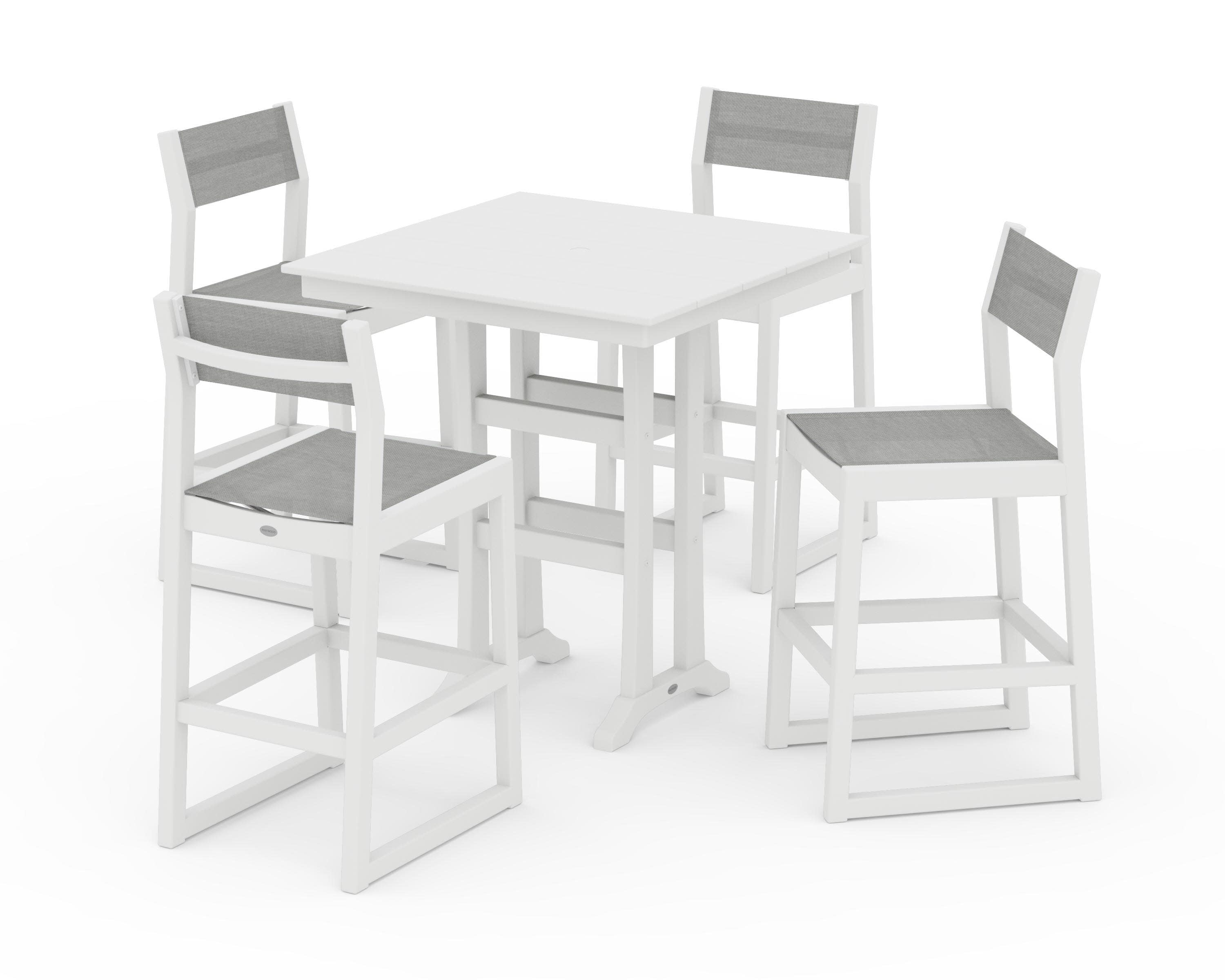 EDGE Sling Arm Chair 5-Piece Farmhouse Bar Set with Trestle Legs in White / Metallic Sling