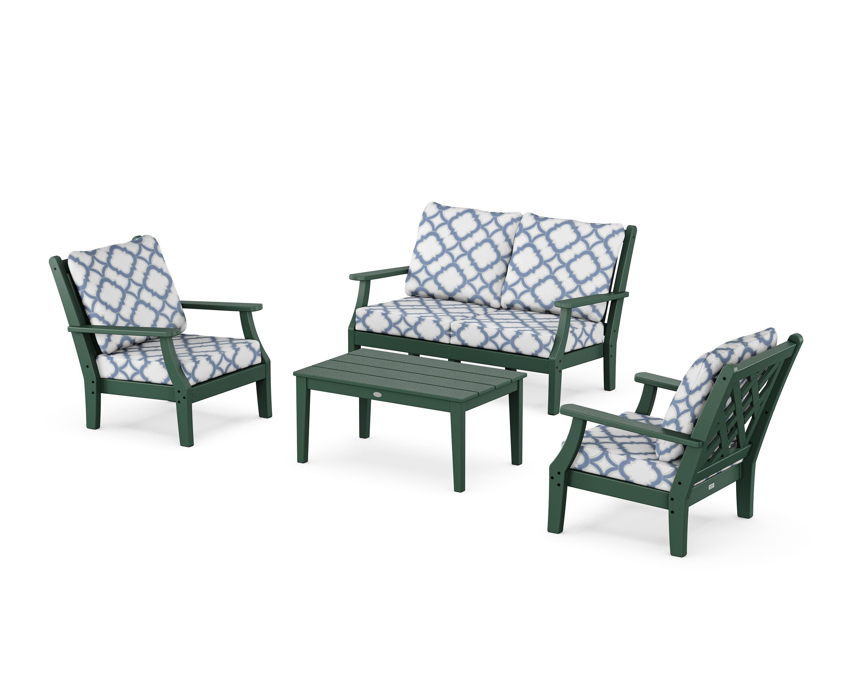 Wovendale 4-Piece Deep Seating Set with Loveseat in Green / Trellis Sky Blue