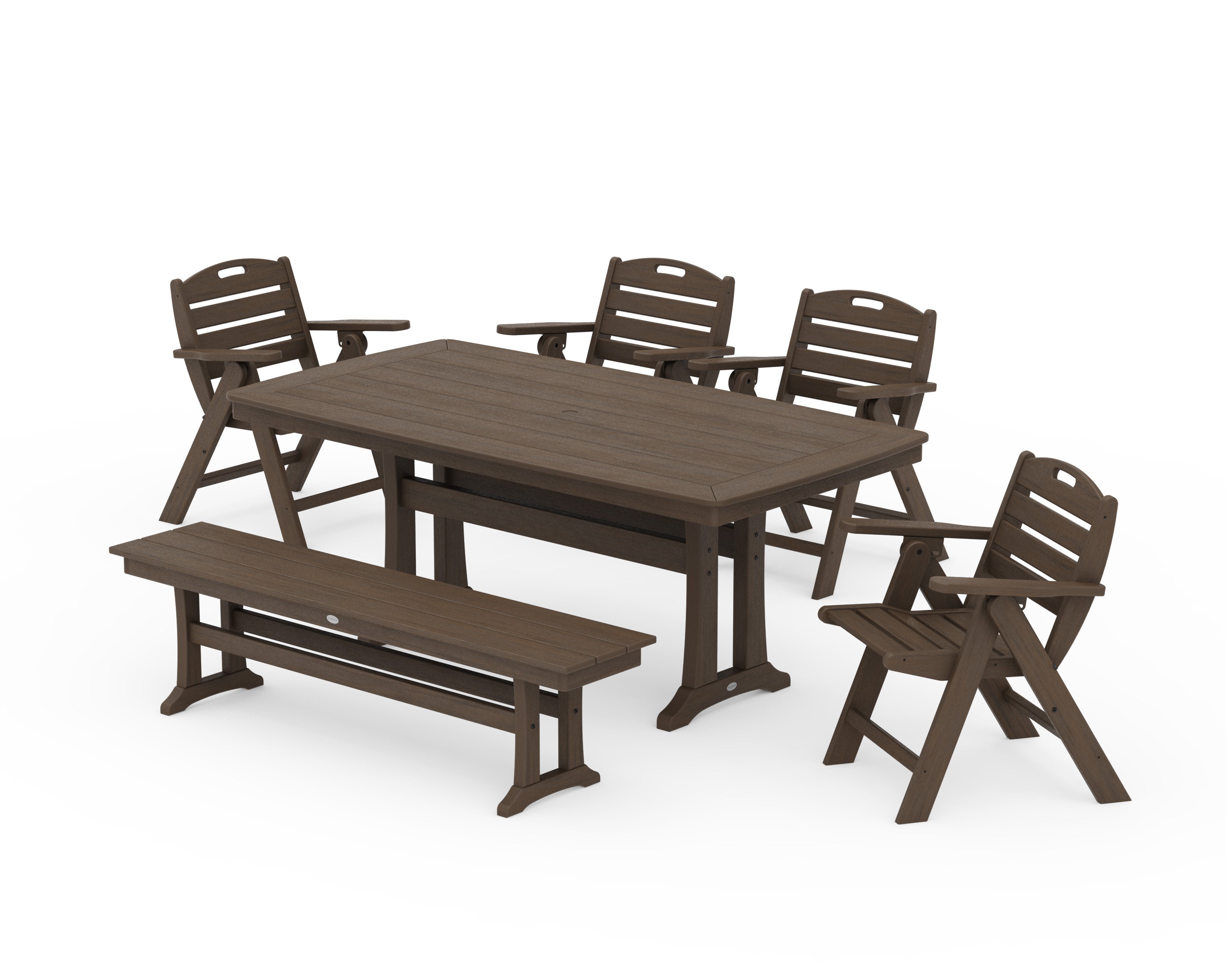 Nautical Lowback 6-Piece Dining Set with Trestle Legs and Bench in Kona