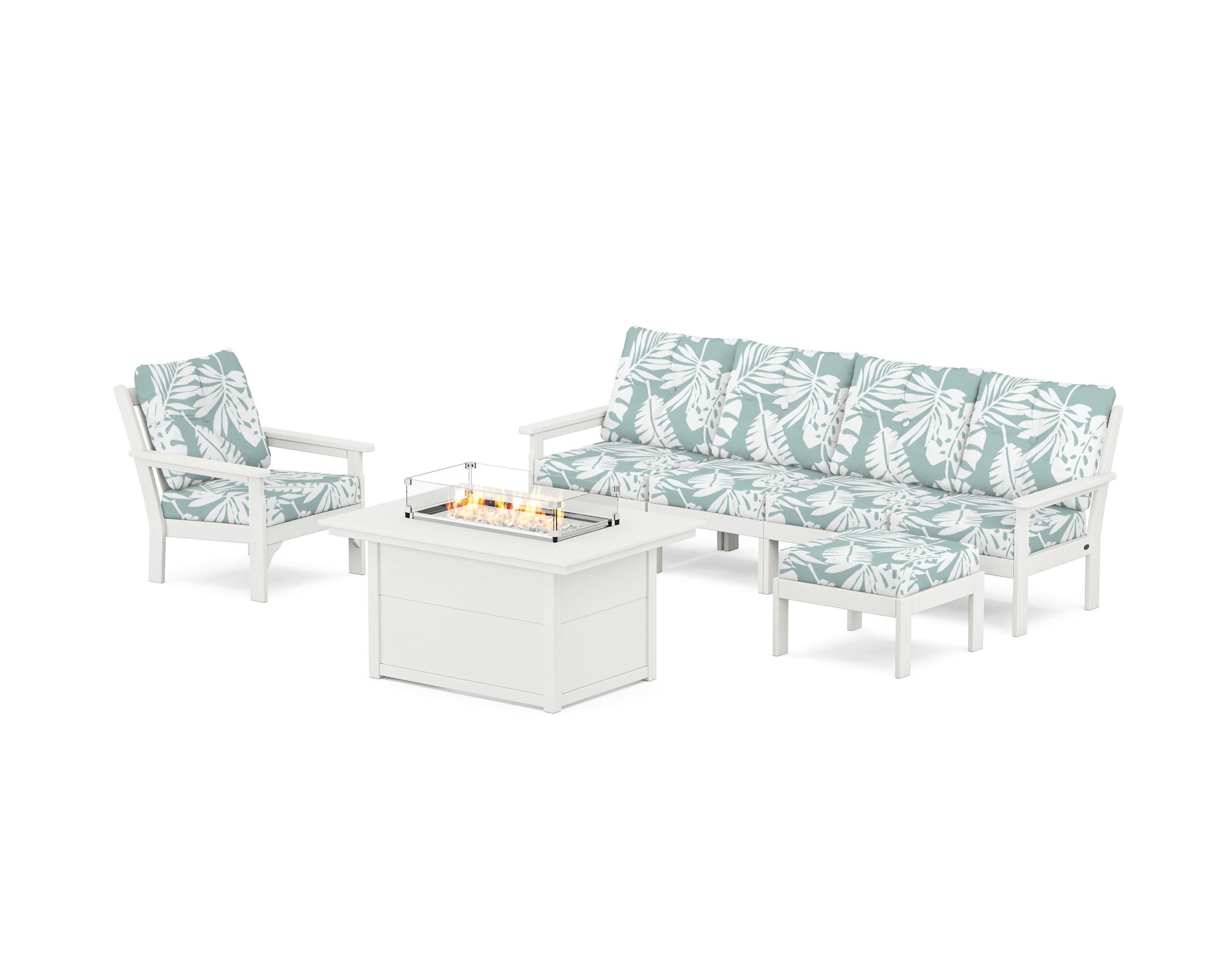 Vineyard Sectional Lounge and Fire Pit Set in Vintage White / Leaf Glacier Spa