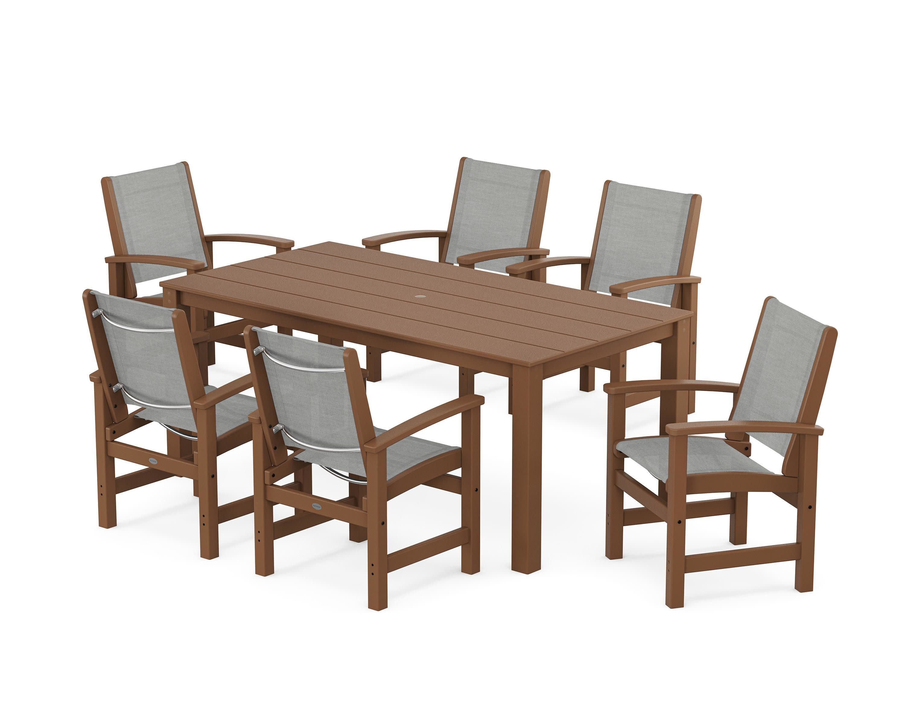 Coastal 7-Piece Parsons Dining Set in Teak / Metallic Sling