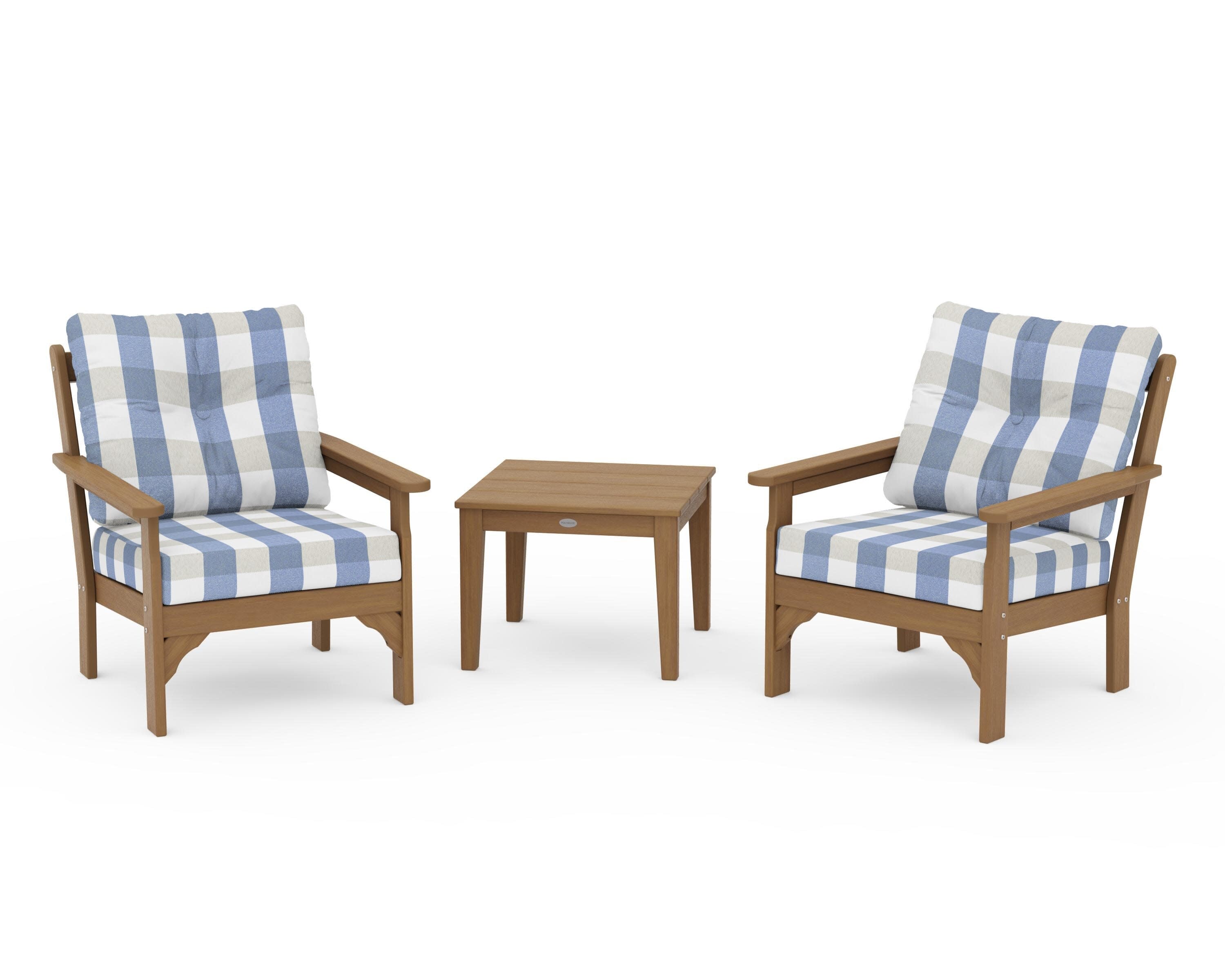 Vineyard 3-Piece Deep Seating Set in Natural / Buffalo Plaid Sky Blue