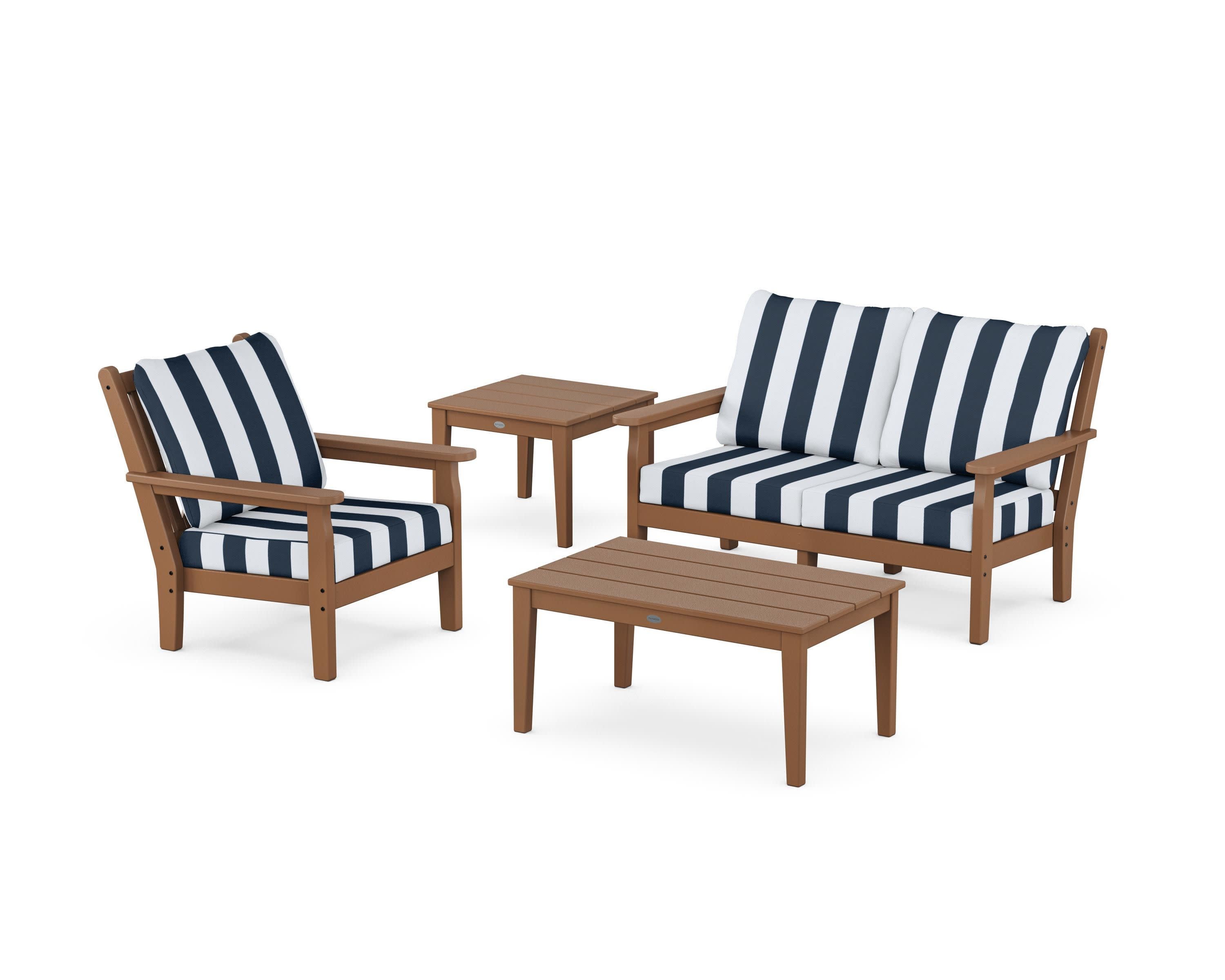 Chippendale 4-Piece Deep Seating Set in Teak / Cabana Stripe Marine Indigo