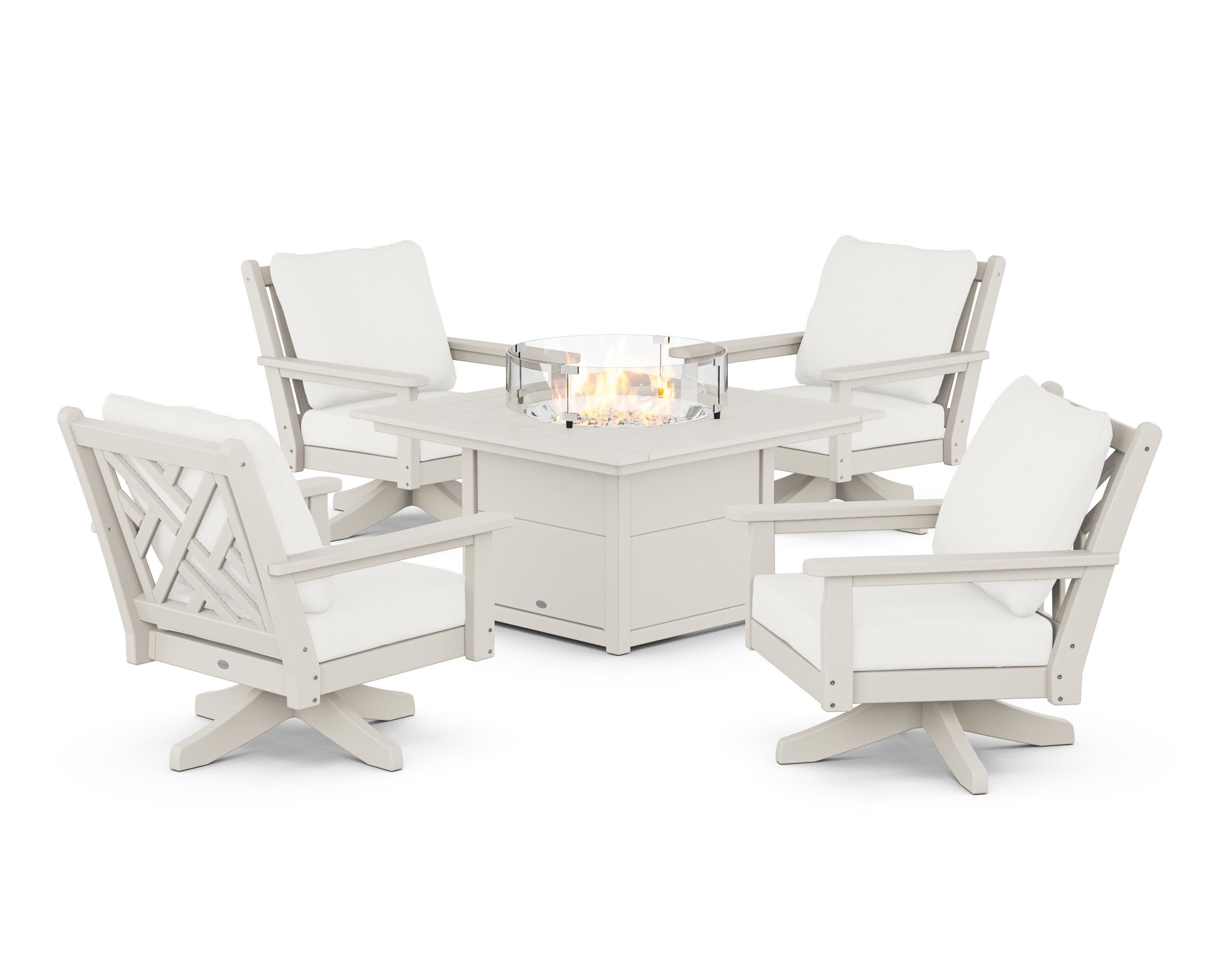 Chippendale 5-Piece Deep Seating Swivel Conversation Set with Fire Pit Table in Sand / Natural Linen