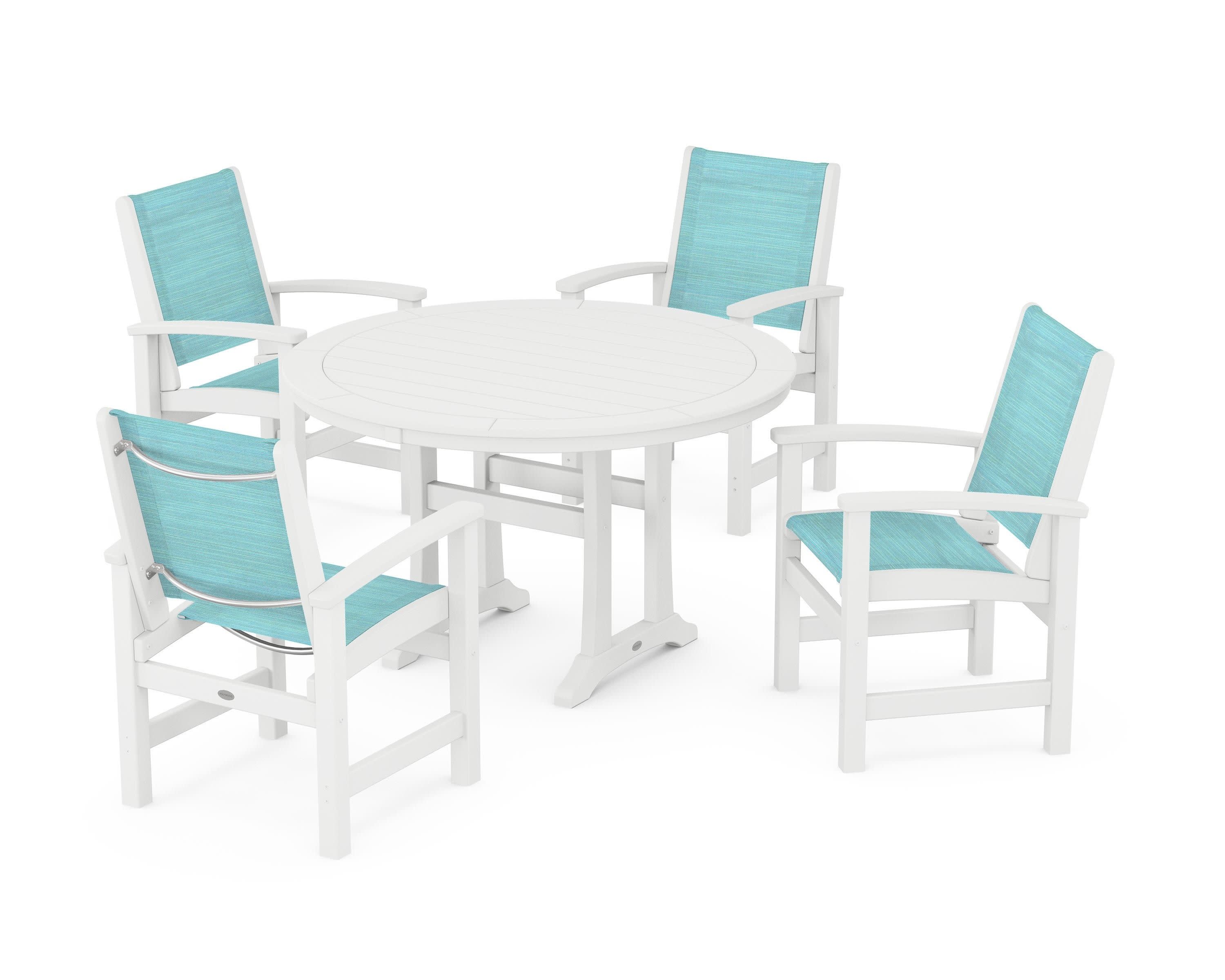 Coastal 5-Piece Round Dining Set with Trestle Legs in White / Dupioni Aquamarine Sling