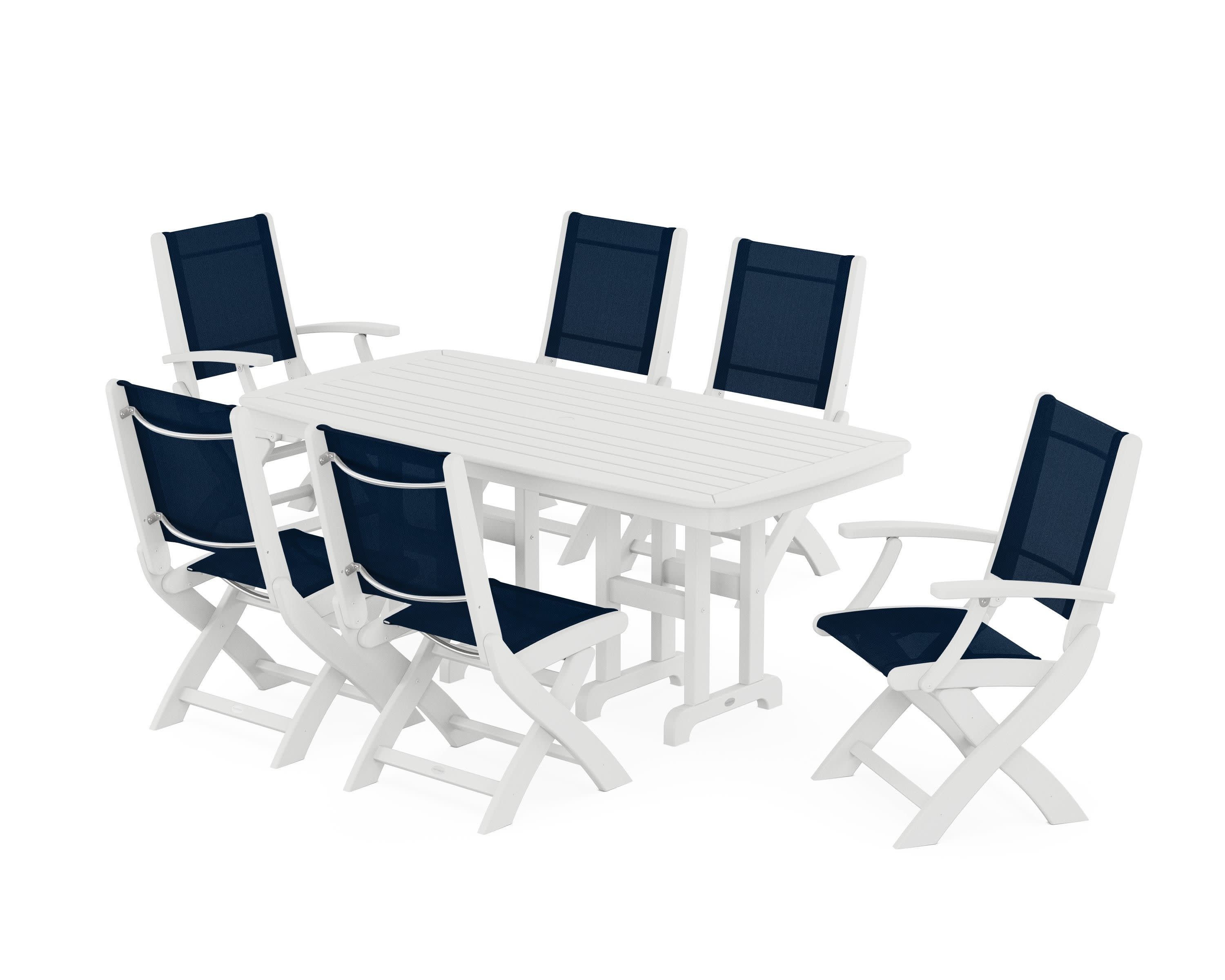 Coastal Folding Chair 7-Piece Dining Set in White / Navy Blue Sling