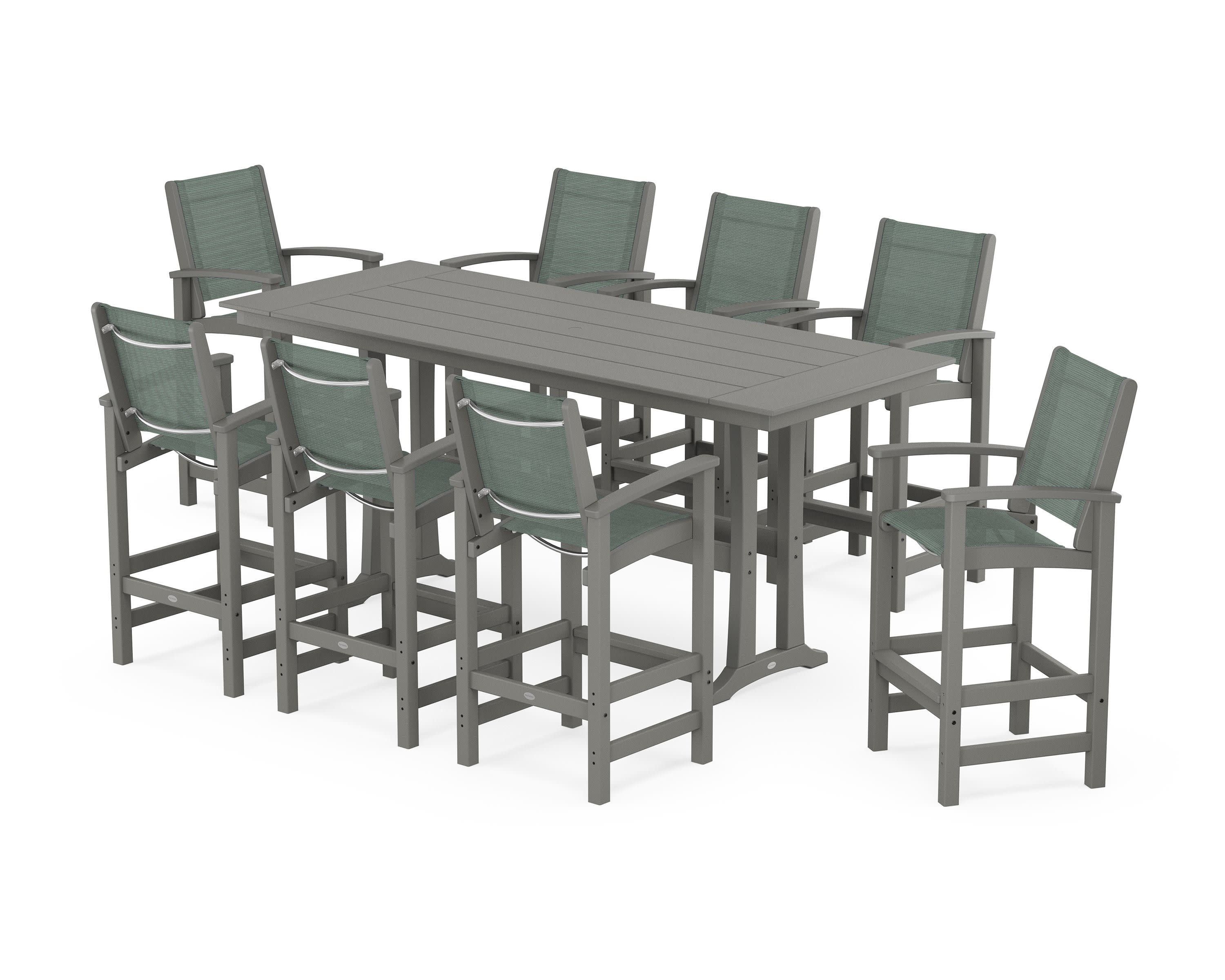 Coastal 9-Piece Farmhouse Bar Set with Trestle Legs in Slate Grey / Dupioni Sea Mist Sling