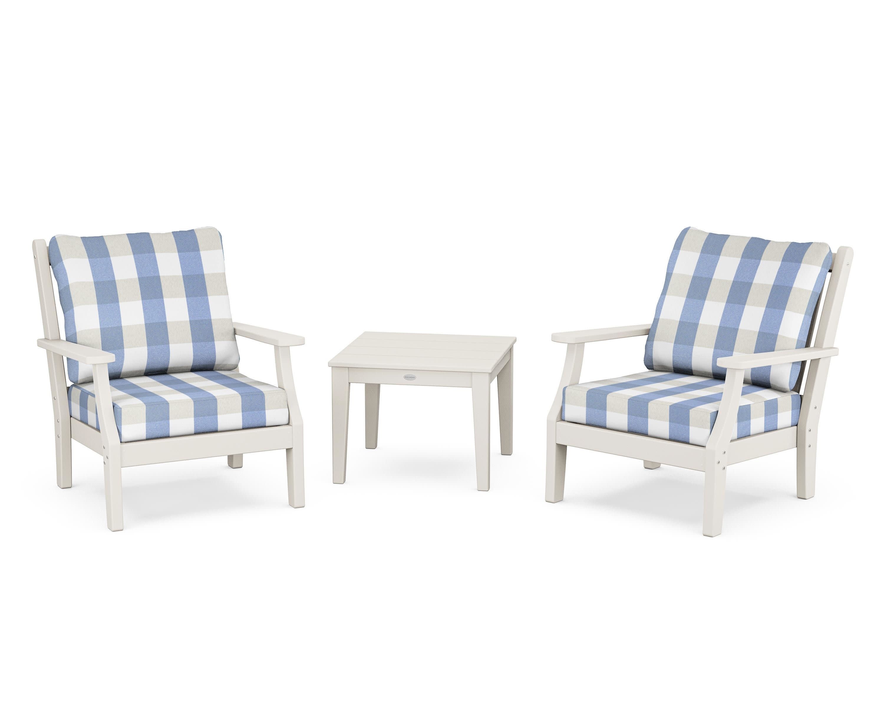 Wovendale 3-Piece Deep Seating Set in Sand / Buffalo Plaid Sky Blue
