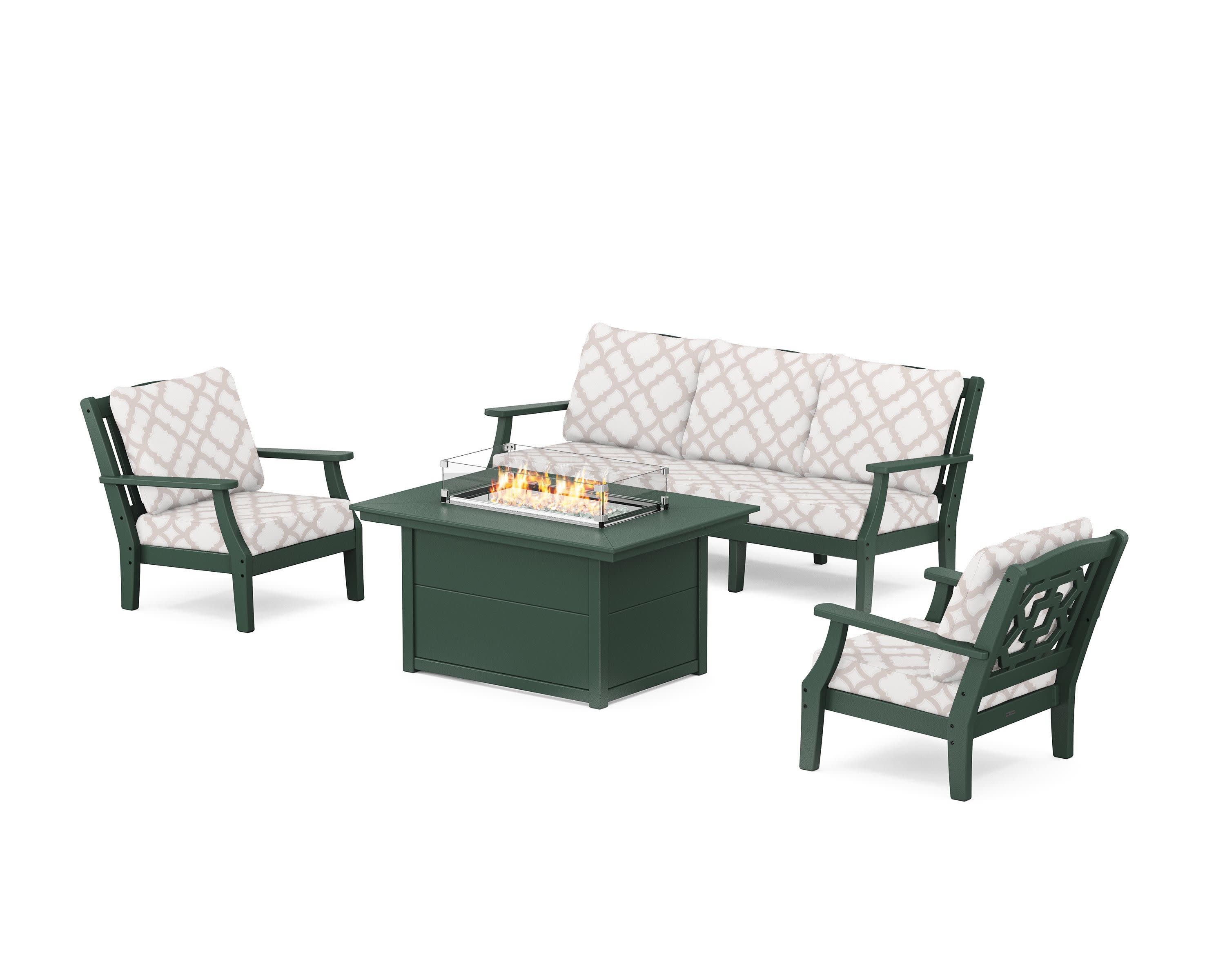 Chinoiserie Deep Seating Fire Pit Table Set in Green / Trellis Dune Burlap