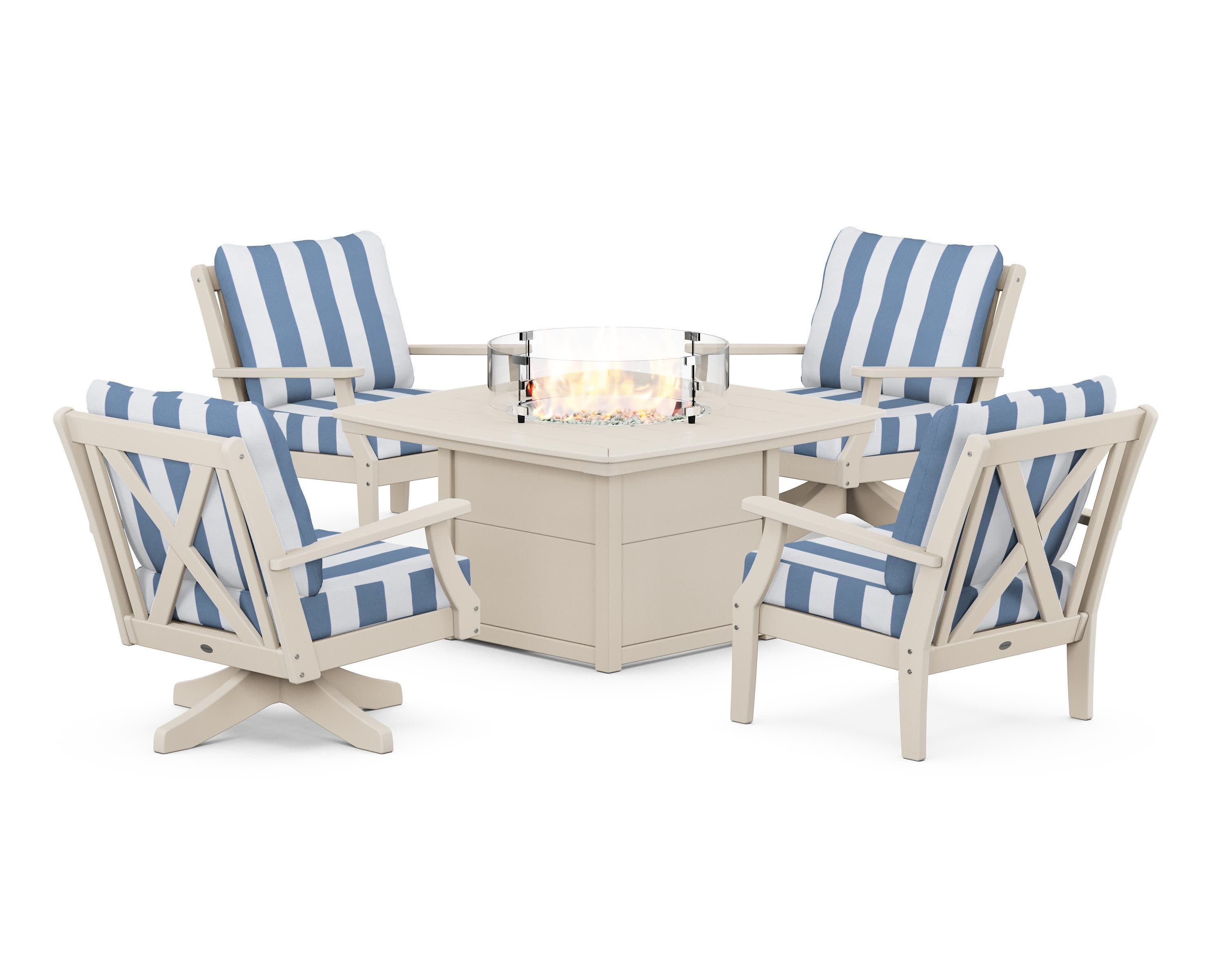 Braxton 5-Piece Deep Seating Set with Fire Table in Sand / Cabana Stripe Sky Blue