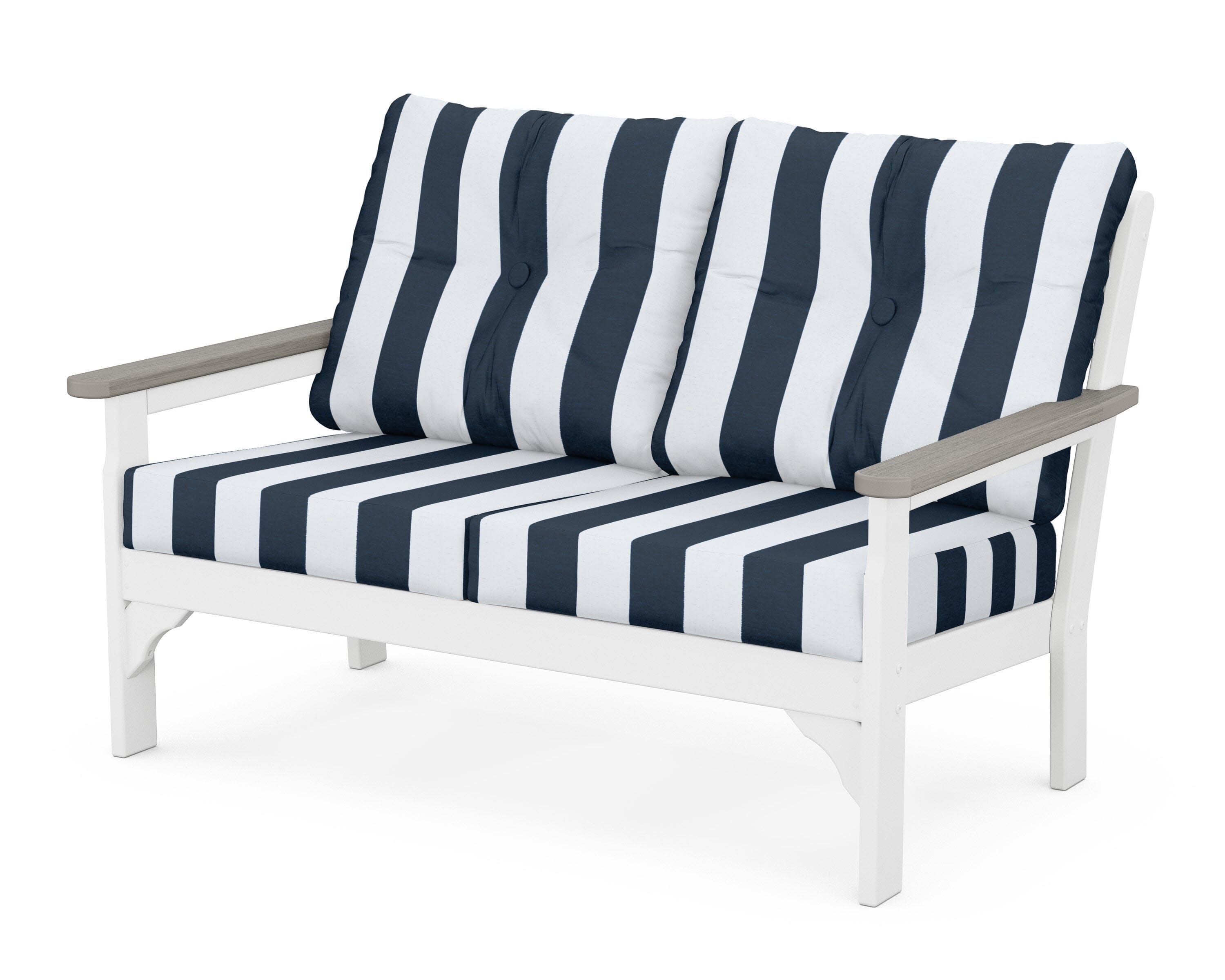 Vineyard Deep Seating Loveseat in White / Driftwood / Cabana Stripe Marine Indigo