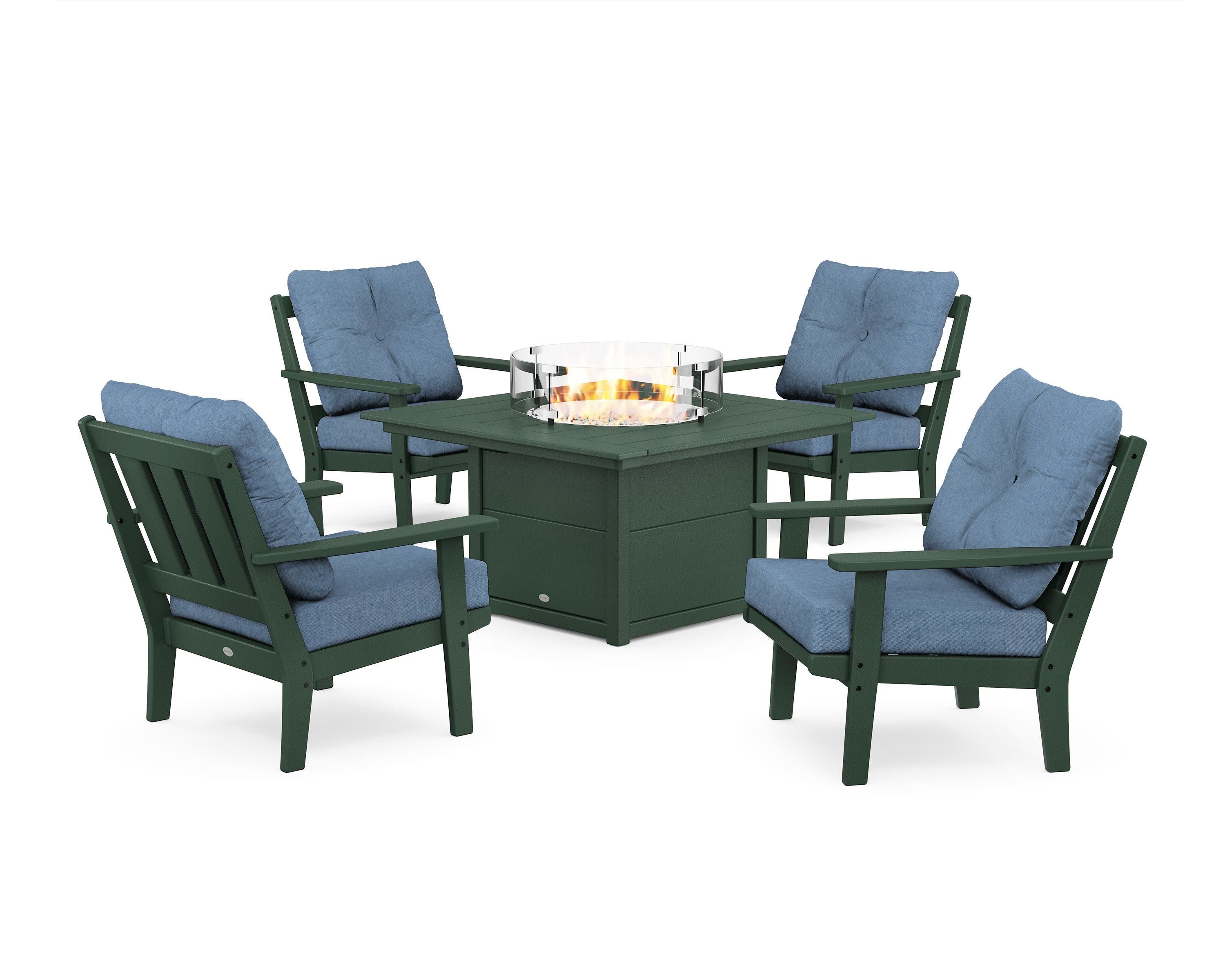 Oxford 5-Piece Deep Seating Set with Fire Pit Table in Green / Sky Blue