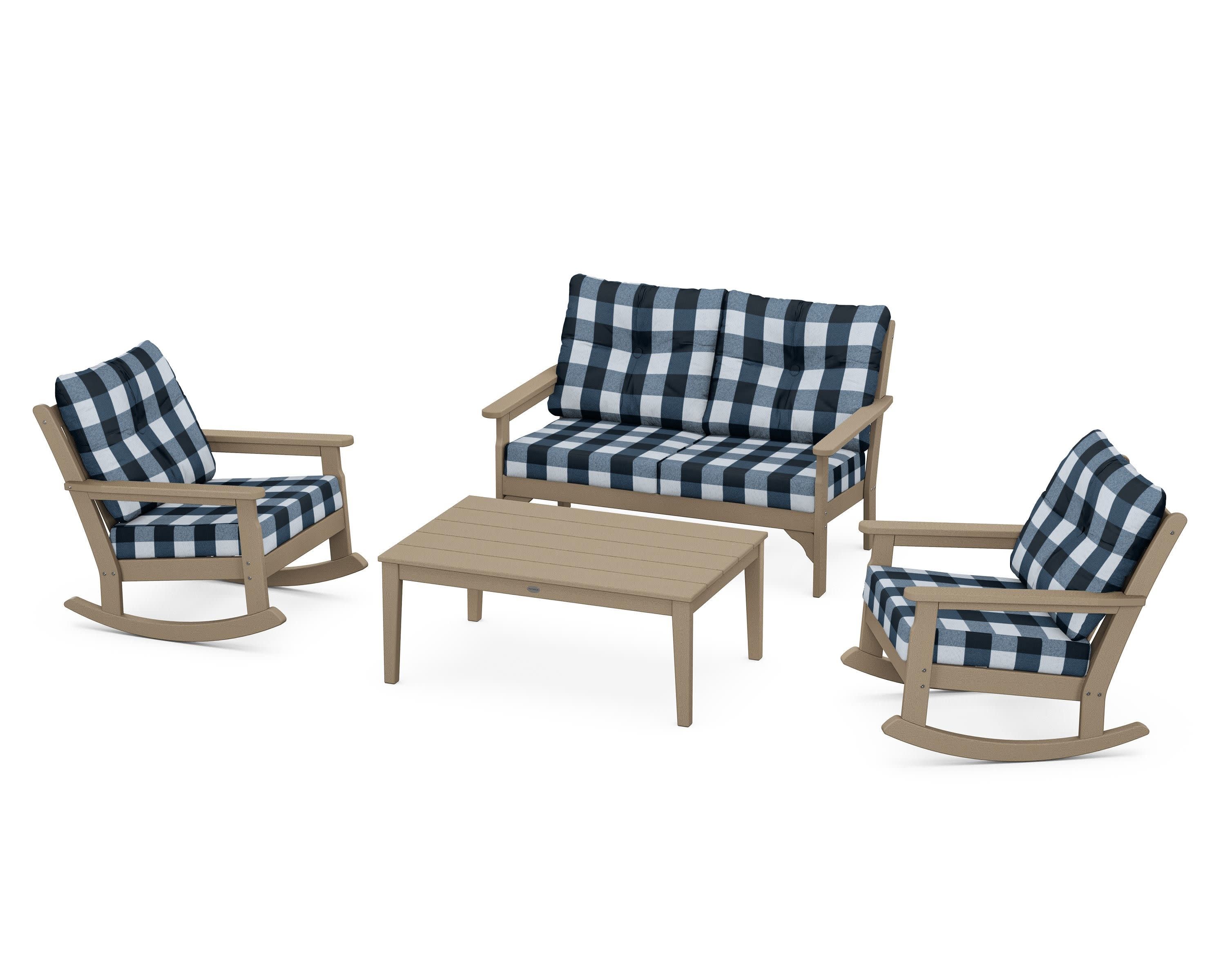 Vineyard 4-Piece Deep Seating Rocking Chair Set in Vintage Sahara / Buffalo Plaid Marine Indigo