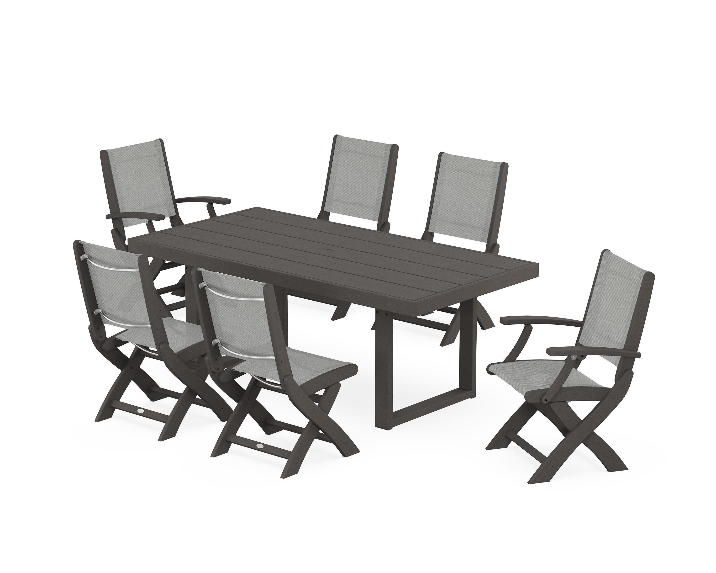 Coastal Folding Chair 7-Piece Dining Set with Trestle Legs in Vintage Coffee / Metallic Sling