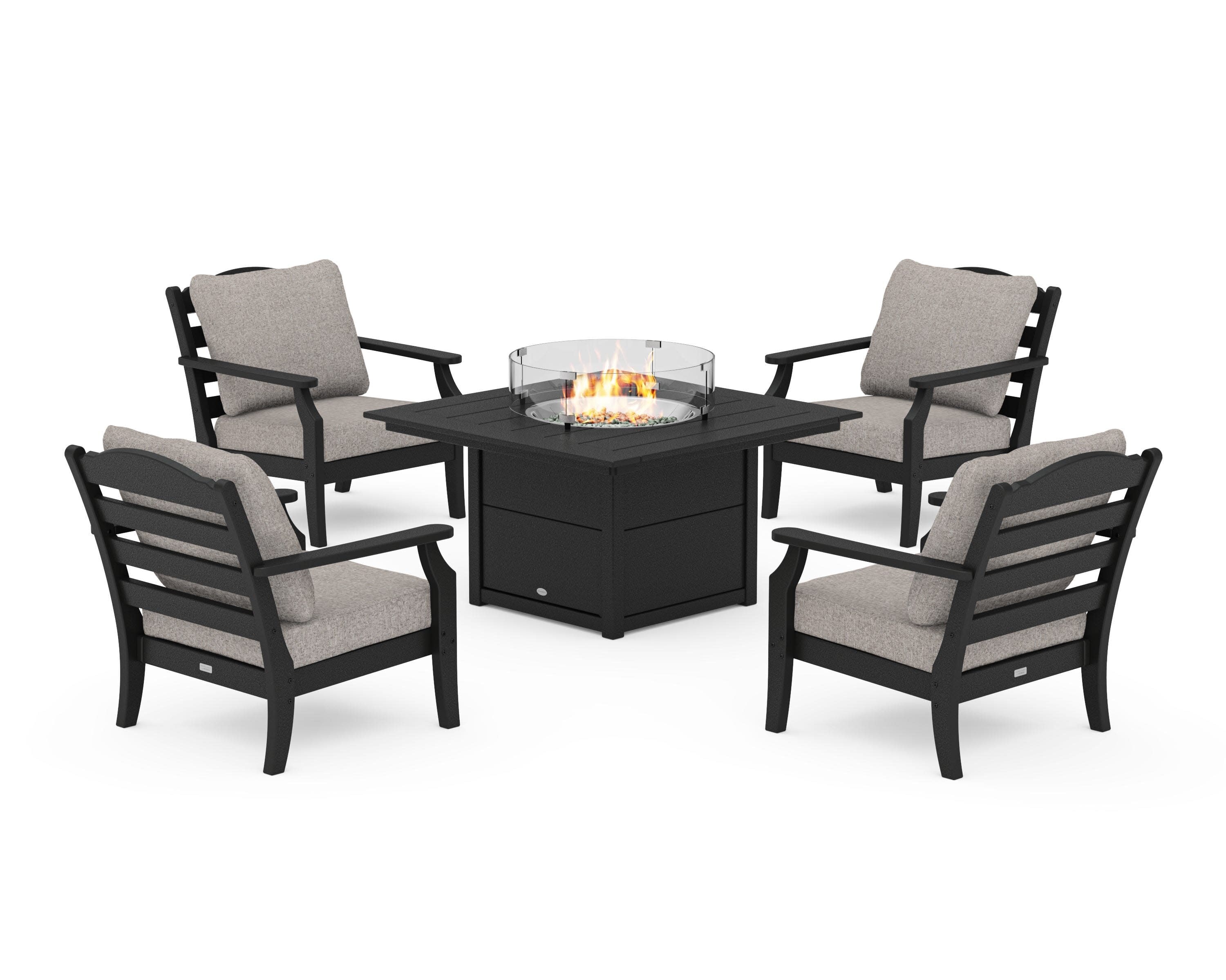 Savannah 5-Piece Deep Seating Set with Fire Pit Table in Black / Weathered Tweed