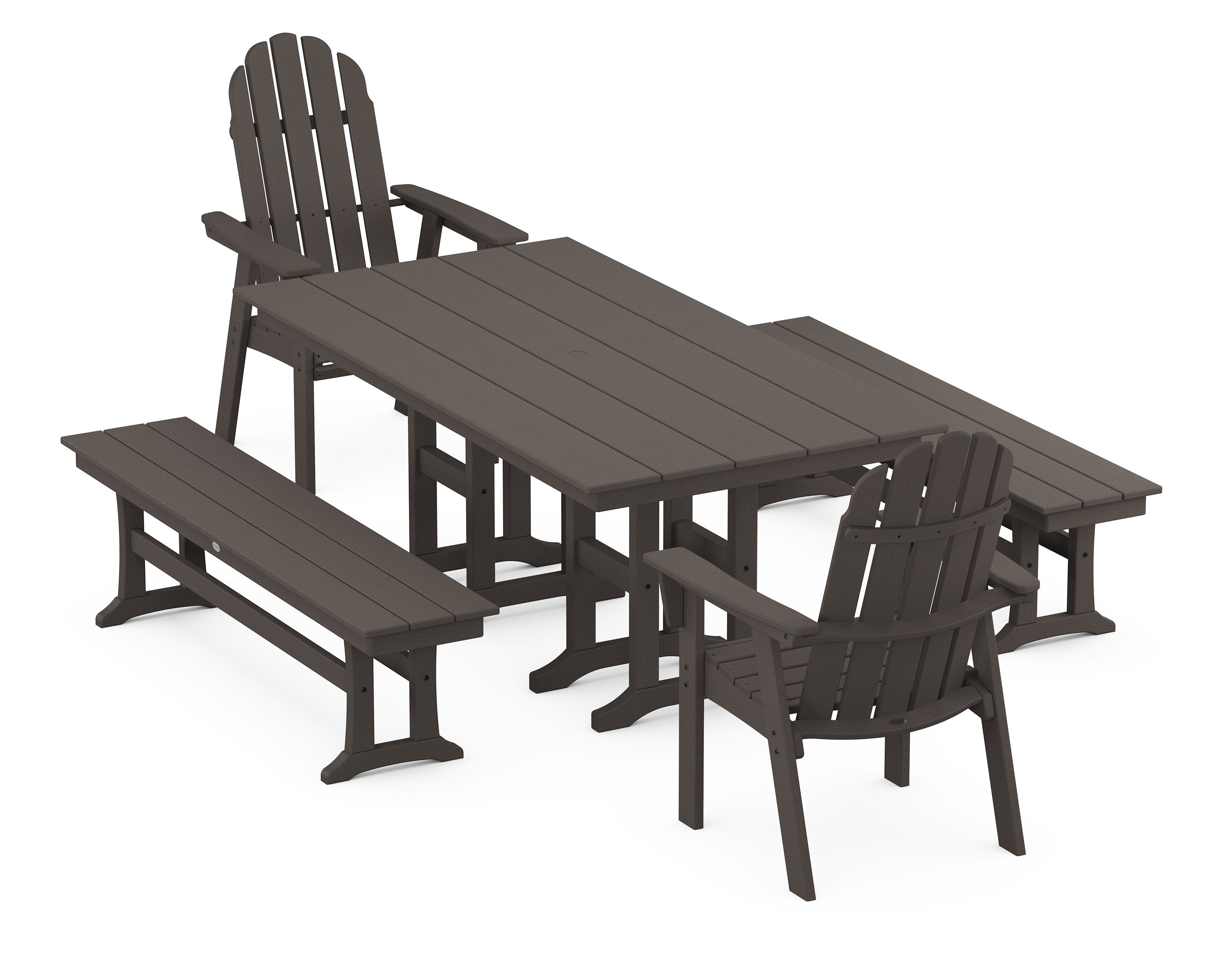 Vineyard Curveback Adirondack 5-Piece Farmhouse Dining Set with Benches in Vintage Coffee
