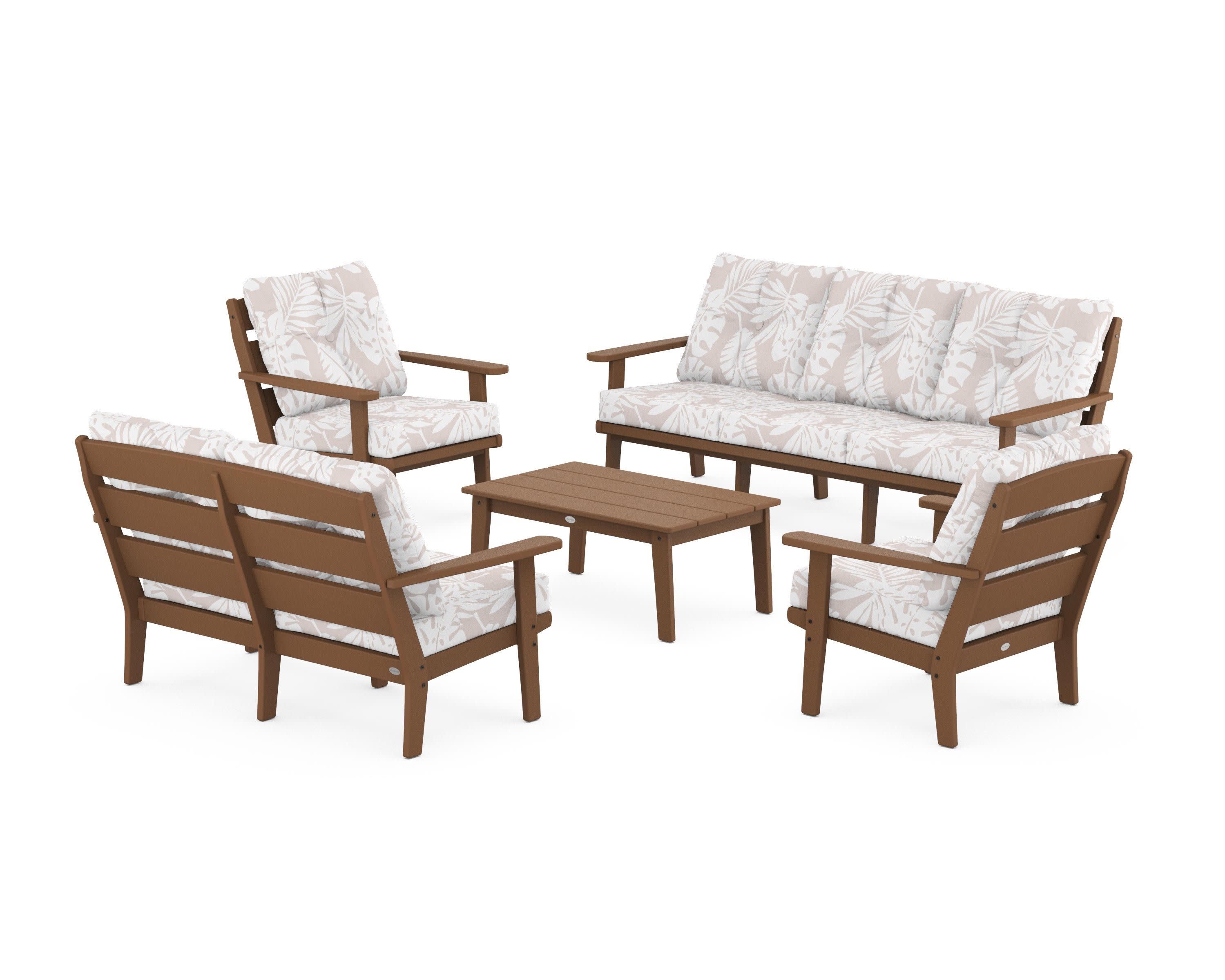 Lakeside 5-Piece Lounge Sofa Set in Teak / Leaf Dune Burlap