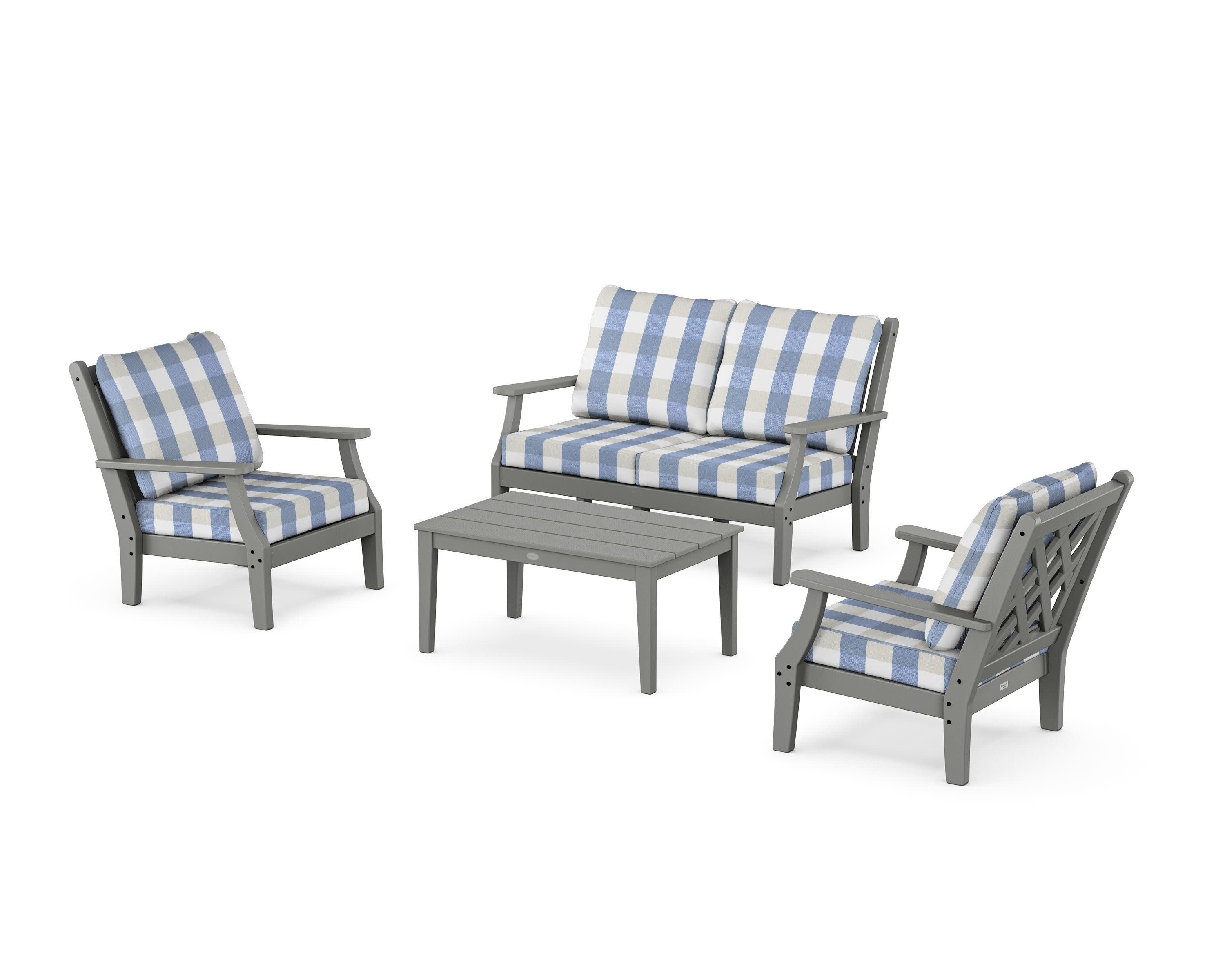 Wovendale 4-Piece Deep Seating Set with Loveseat in Slate Grey / Buffalo Plaid Sky Blue