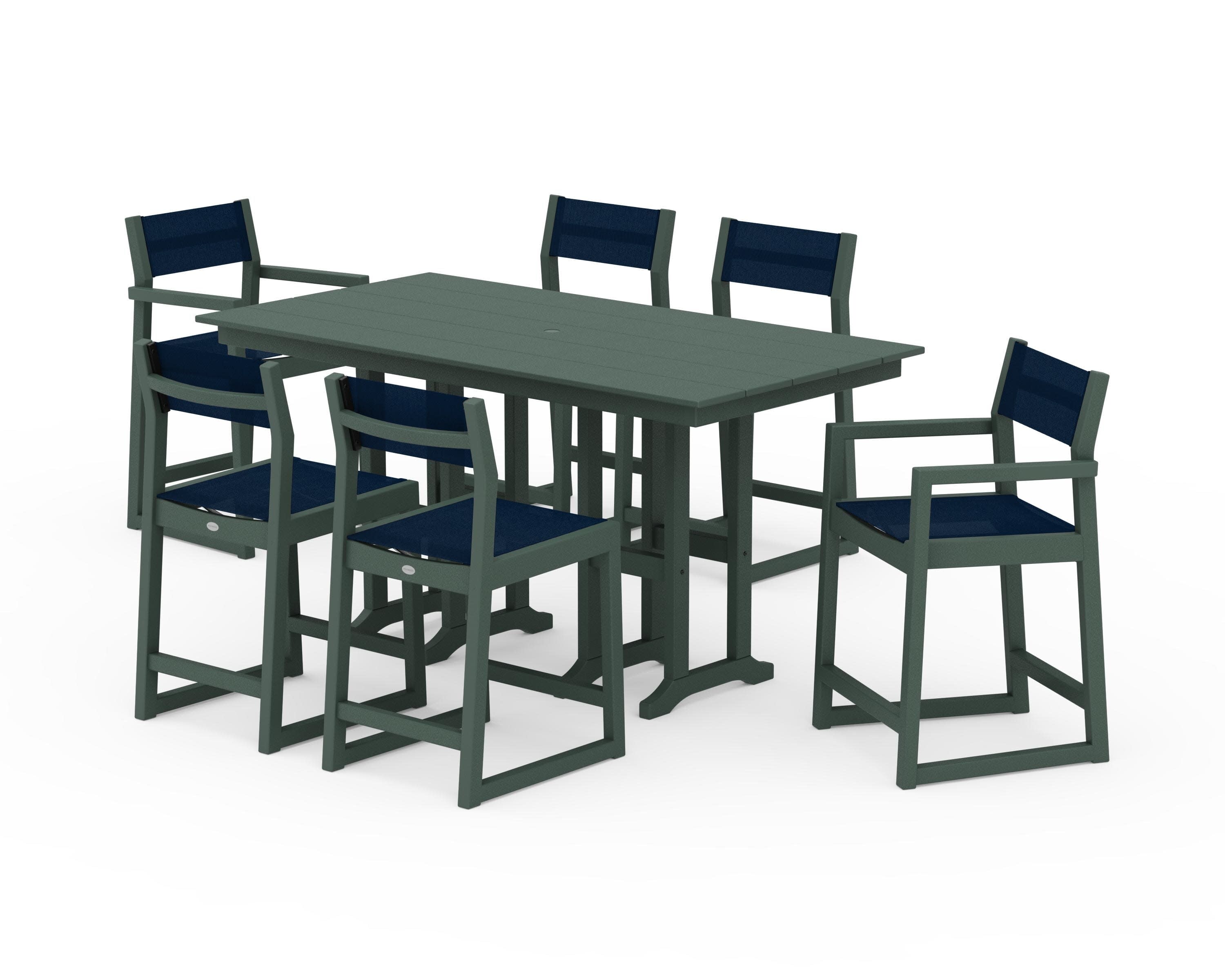 EDGE Sling 7-Piece Farmhouse Counter Set with Trestle Legs in Green / Navy Blue Sling