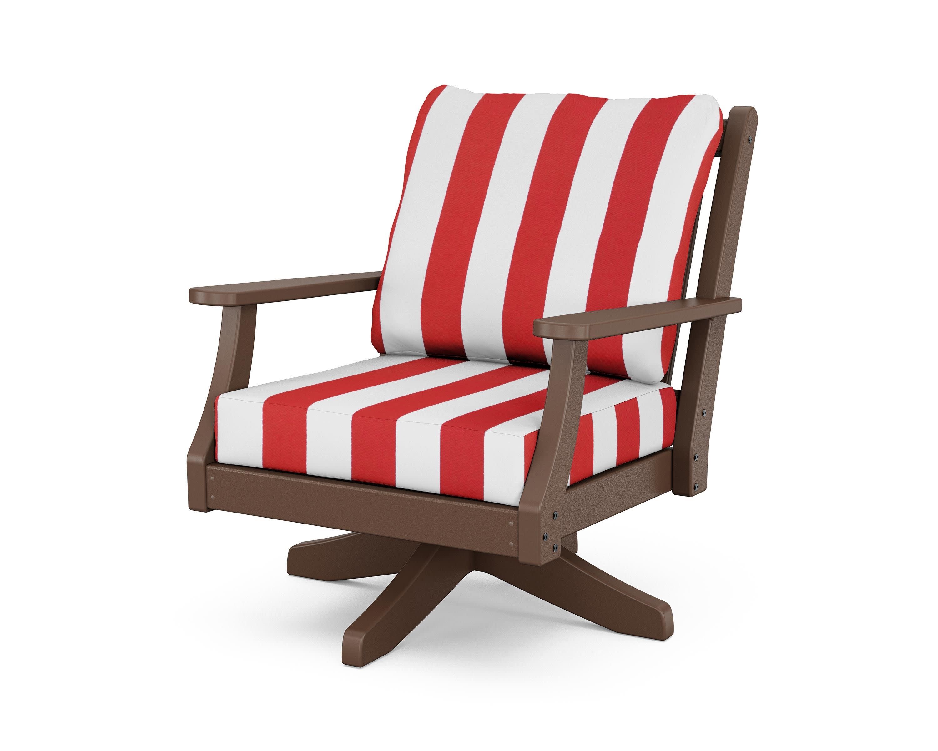 Wovendale Deep Seating Swivel Chair in Mahogany / Cabana Stripe Crimson