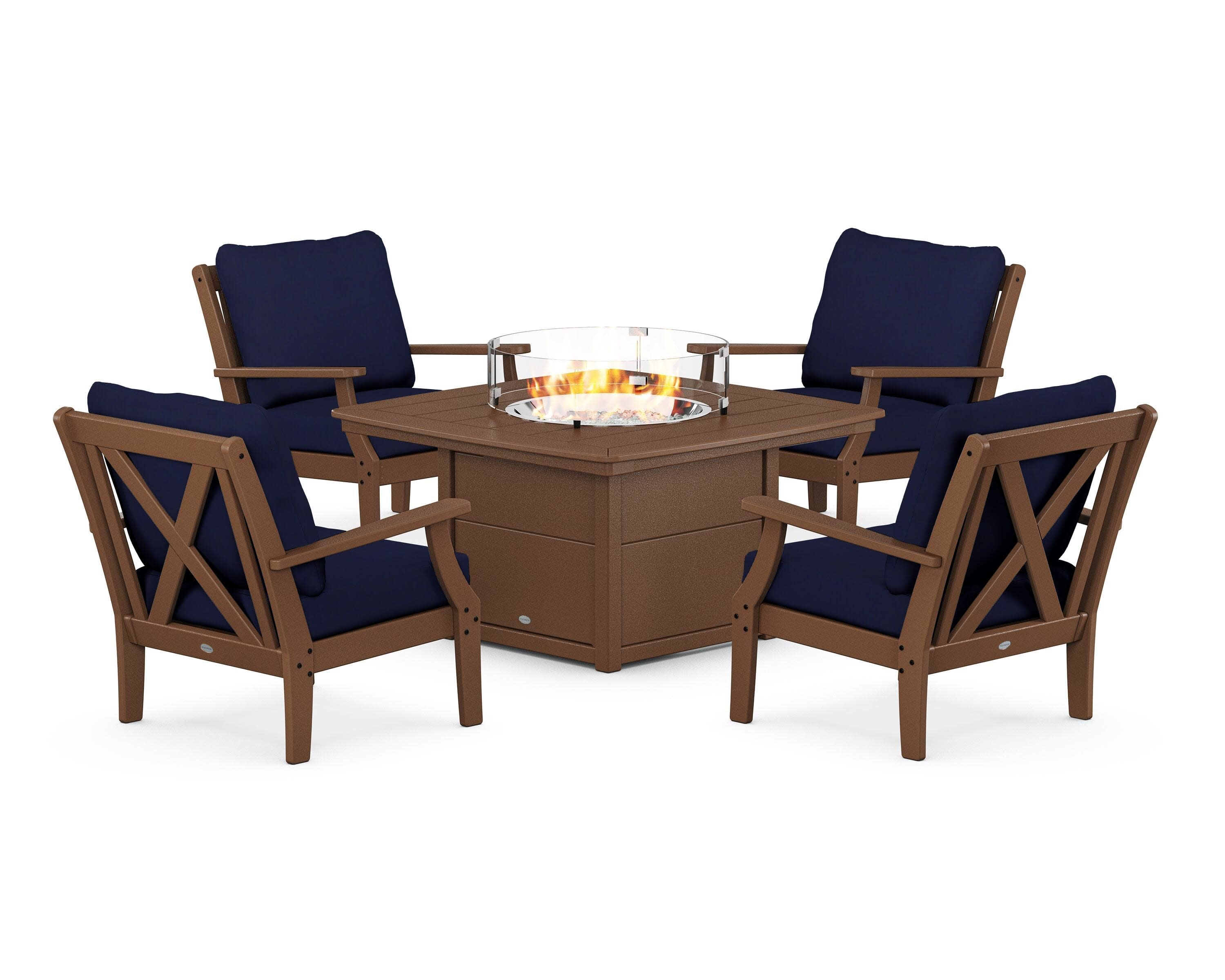 Braxton 5-Piece Deep Seating Conversation Set with Fire Pit Table in Teak / Navy