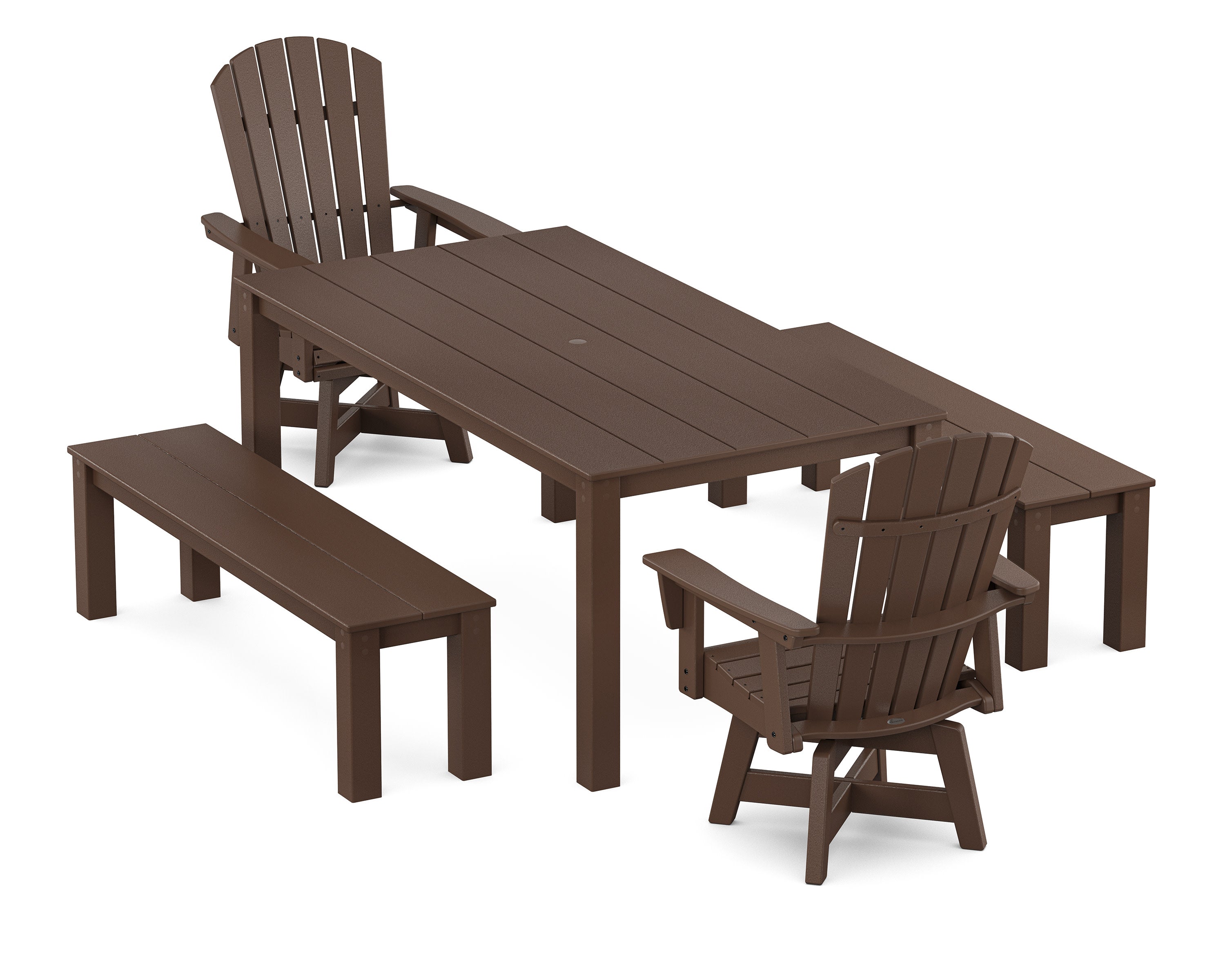 Nautical Curveback Adirondack Swivel 5-Piece Parsons Dining Set with Benches in Mahogany