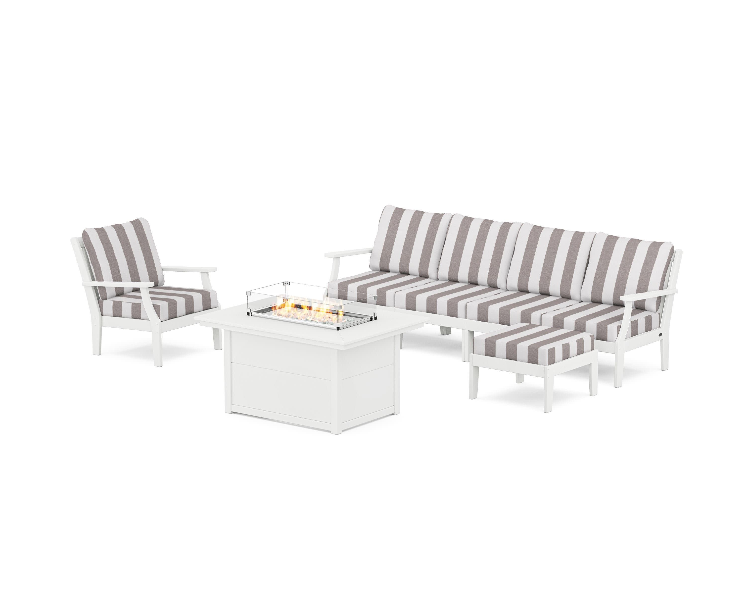 Braxton Sectional Lounge and Fire Pit Set in White / Cabana Stripe Grey Mist