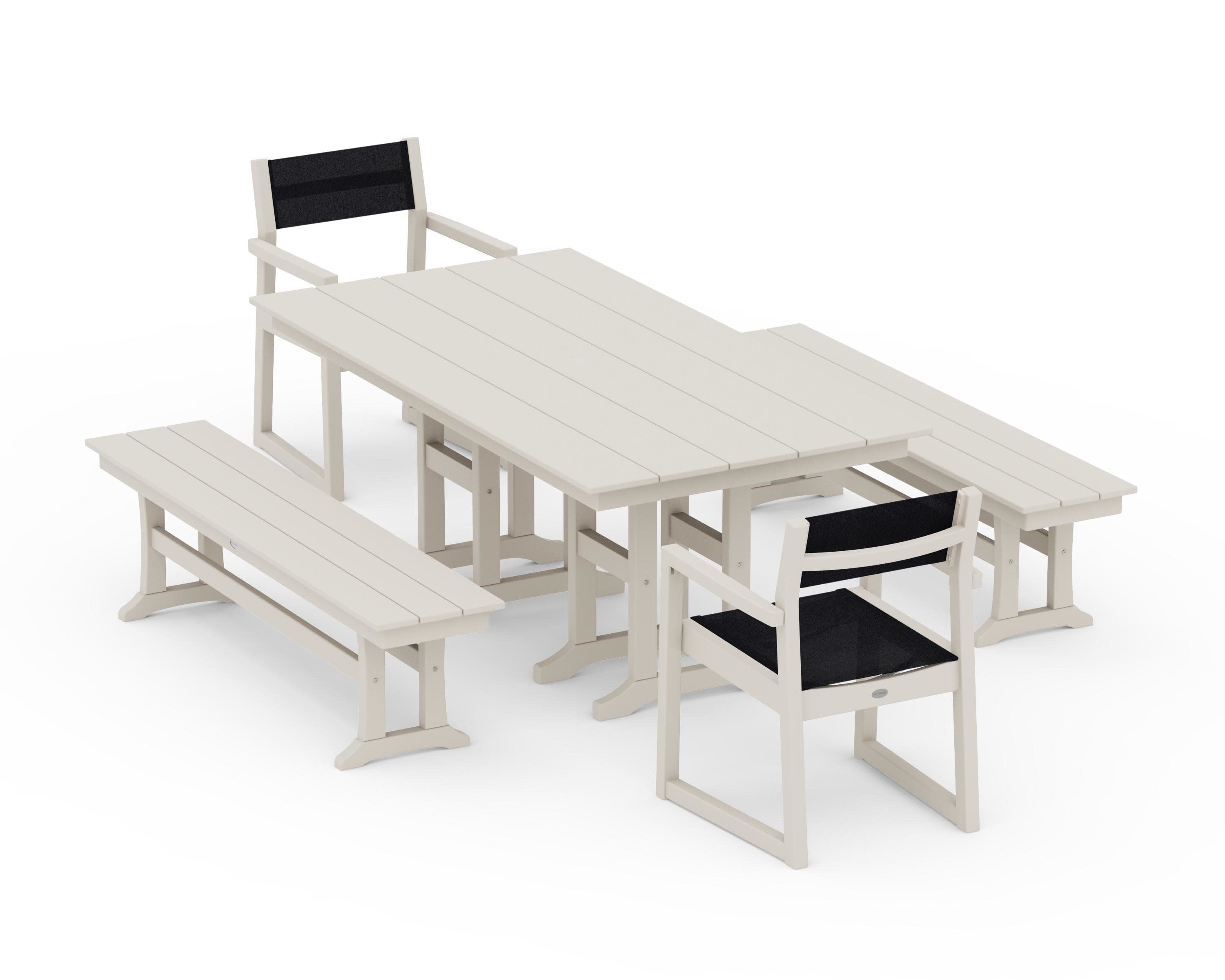 EDGE Sling Arm Chair 5-Piece Farmhouse Dining Set with Benches in Sand / Black Sling