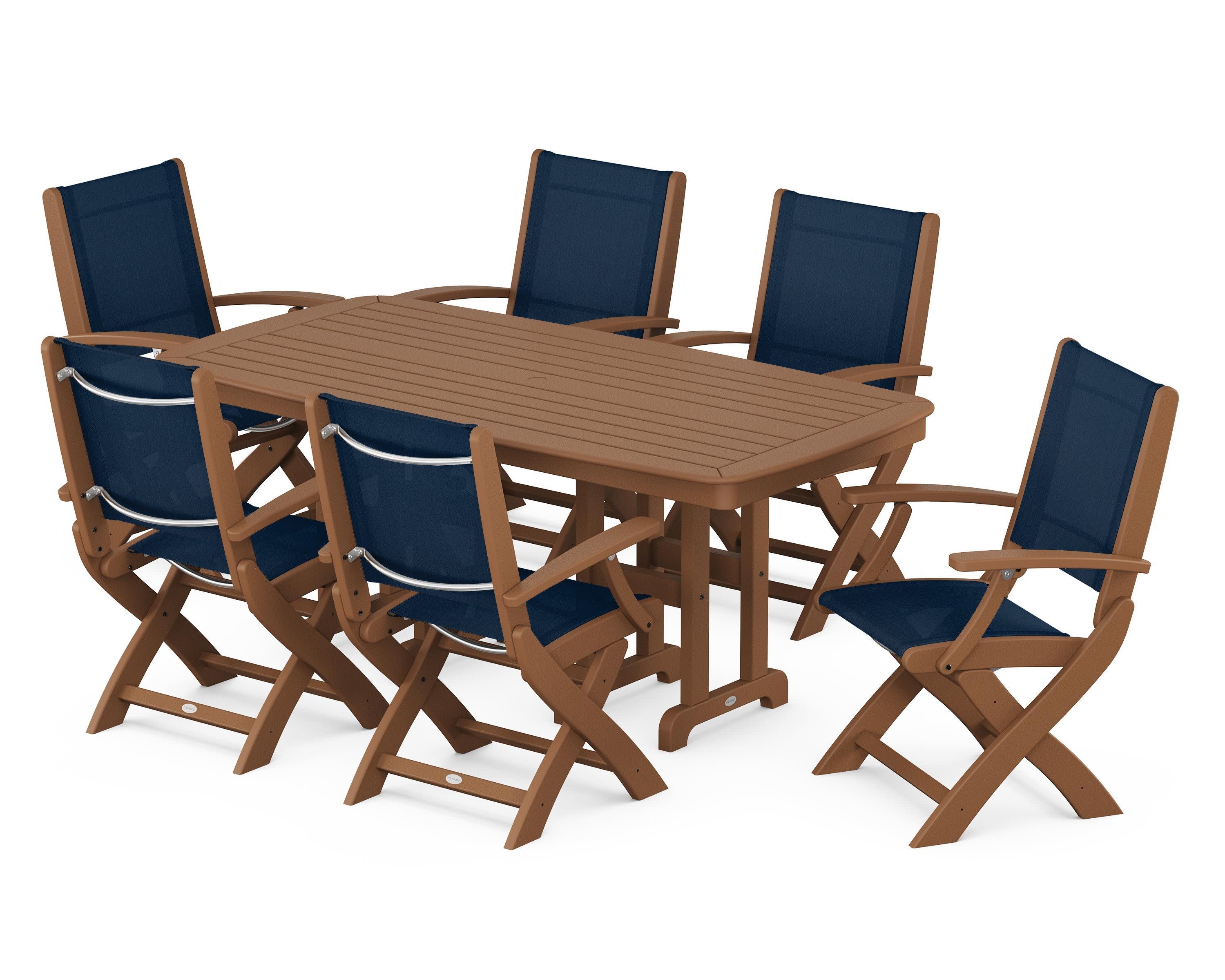 Coastal Folding Arm Chair 7-Piece Dining Set in Teak / Navy Blue Sling