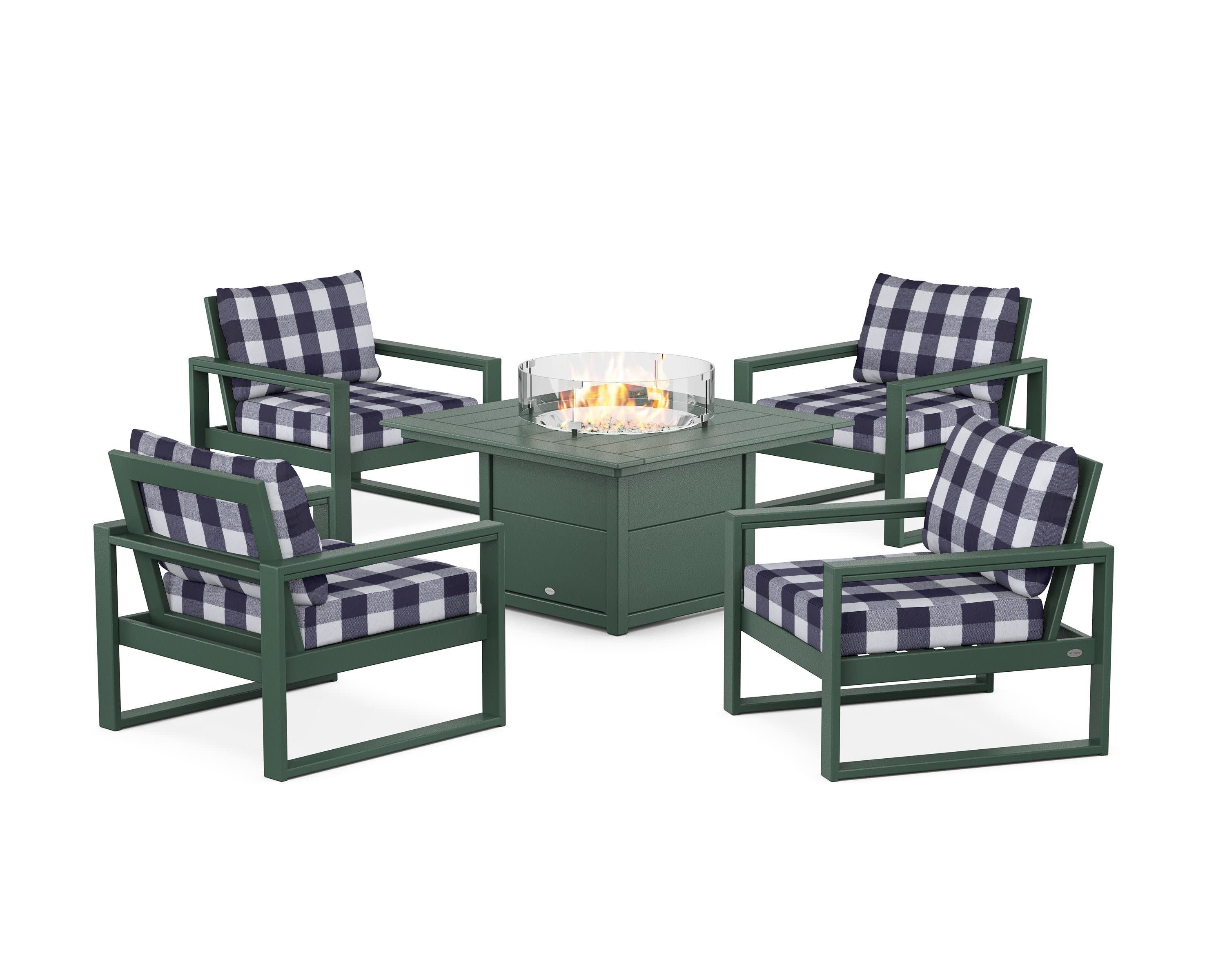 EDGE Sectional 5-Piece Deep Seating Set with Fire Pit Table in Green / Buffalo Plaid Navy
