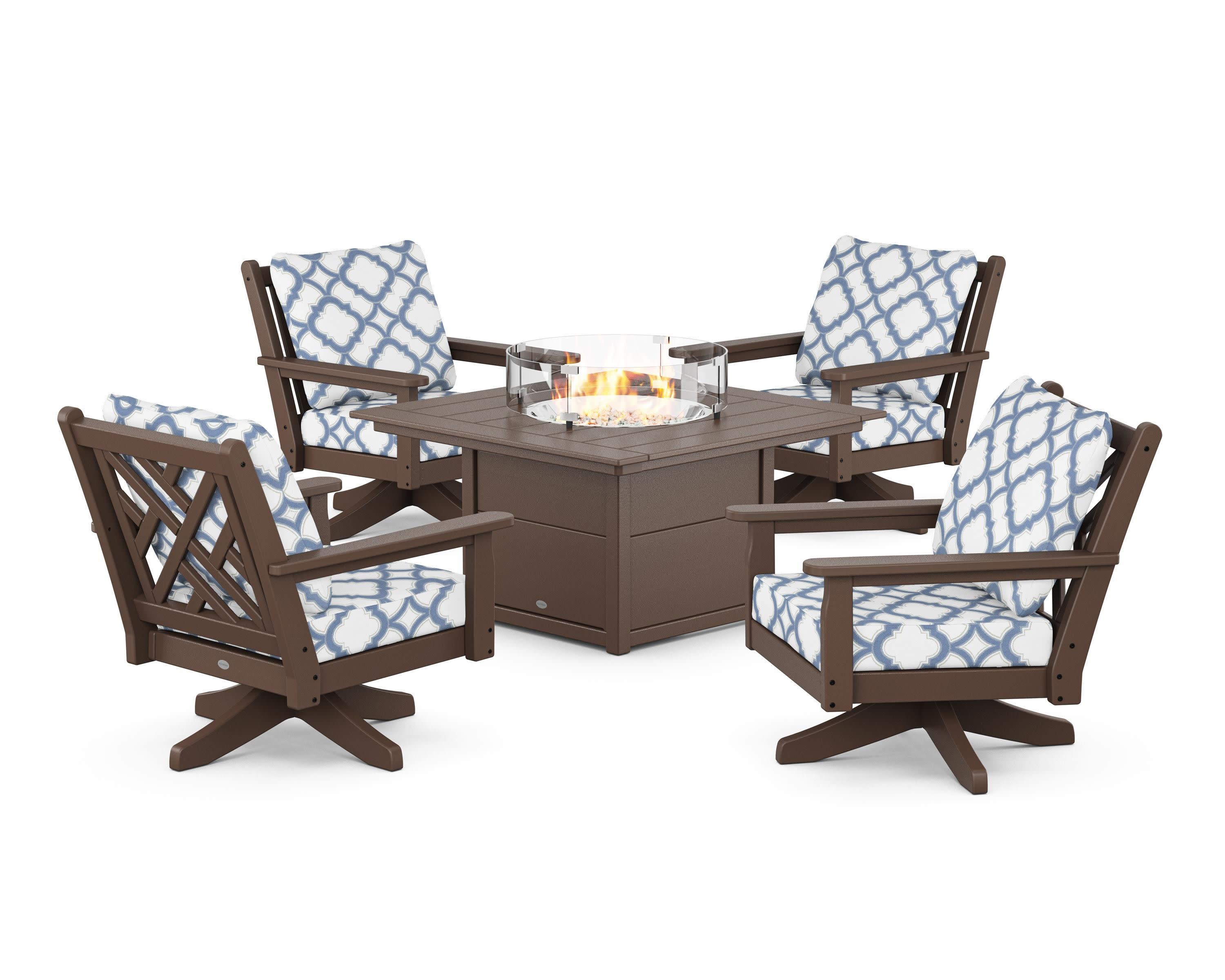 Chippendale 5-Piece Deep Seating Swivel Conversation Set with Fire Pit Table in Mahogany / Trellis Sky Blue