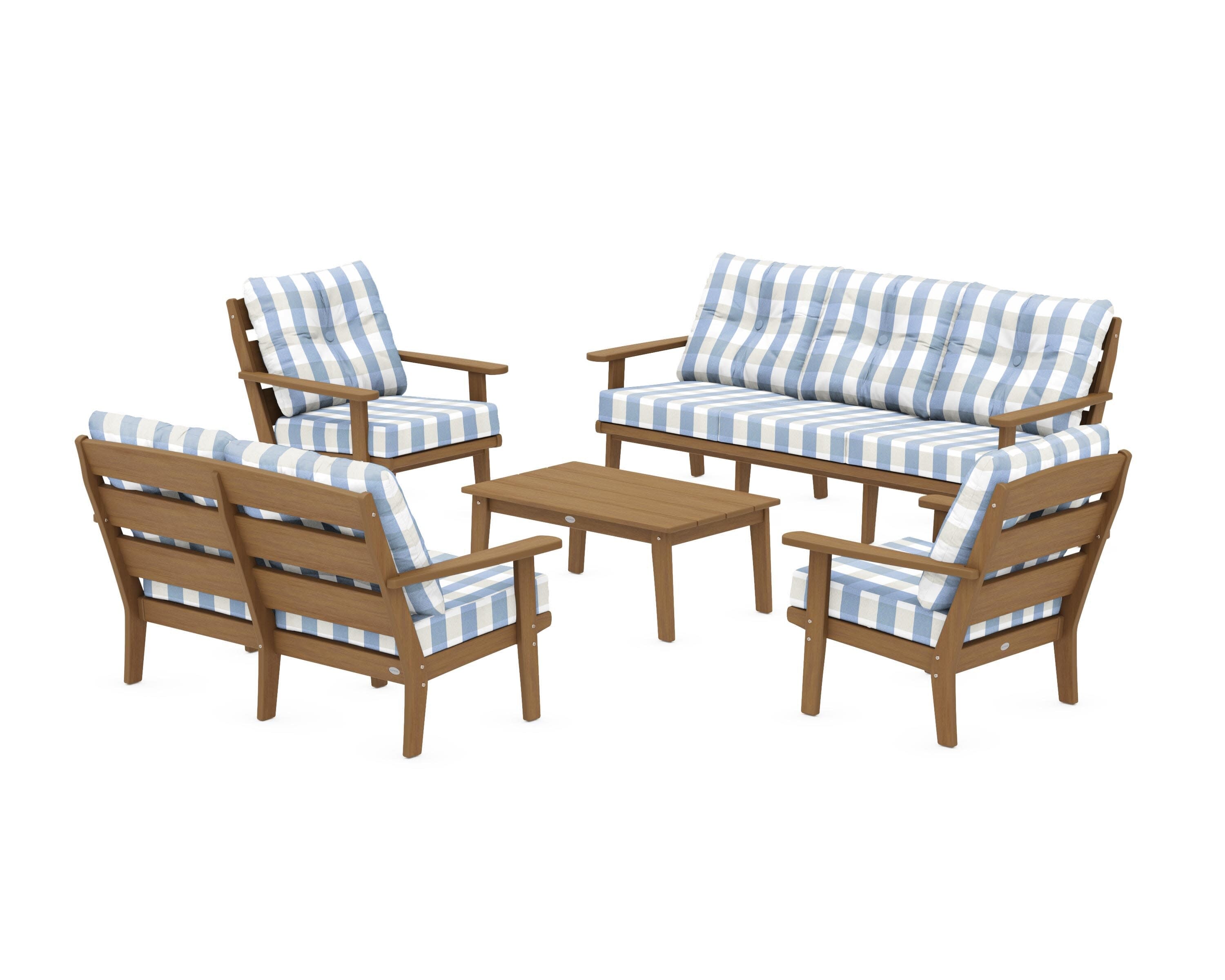 Lakeside 5-Piece Lounge Sofa Set in Natural / Buffalo Plaid Sky Blue